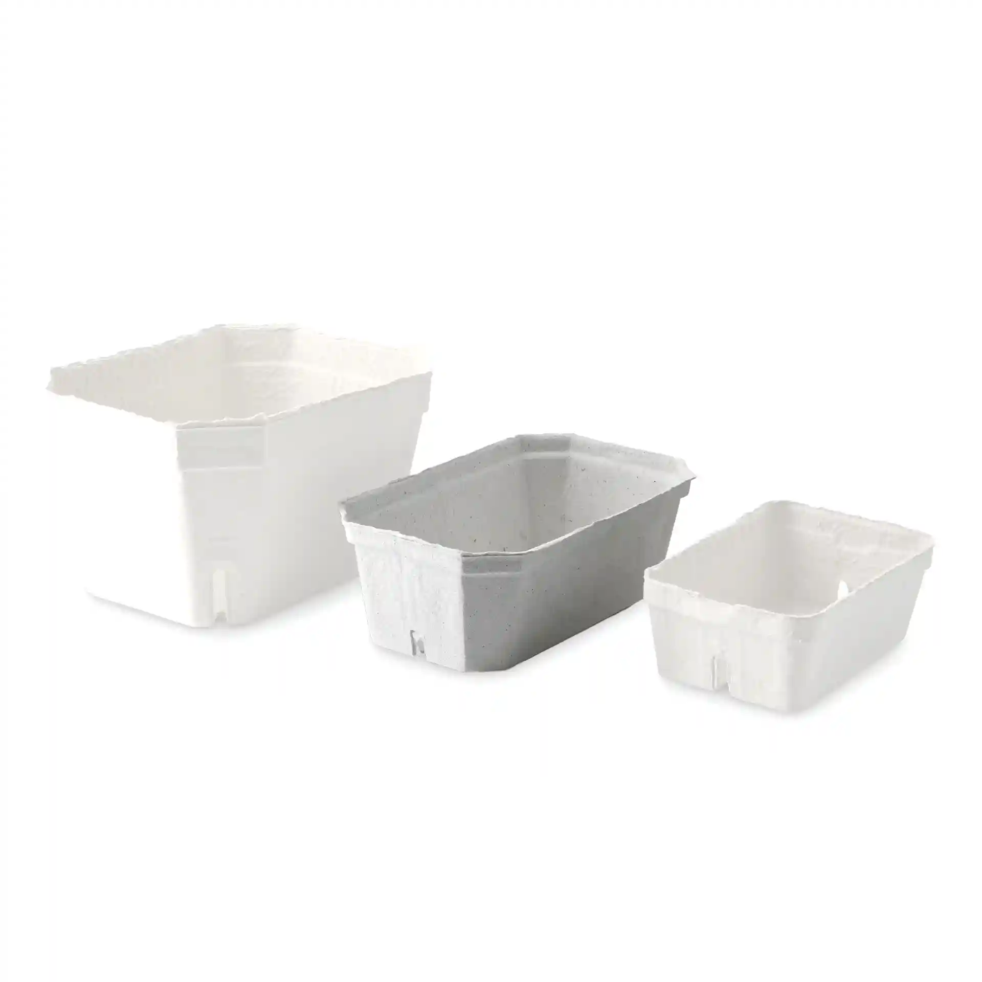 Three wood pulp berry punnets in white and gray, varying in size, displayed on a plain background.