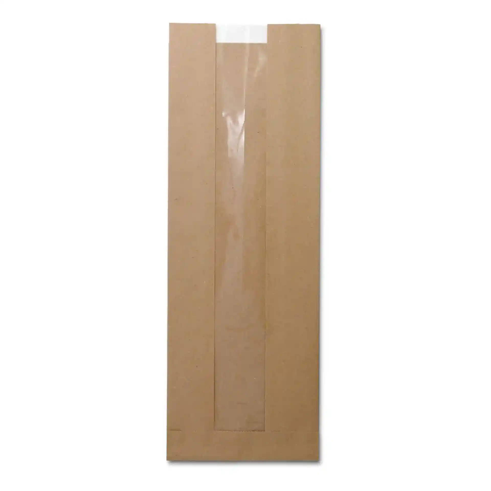 Brown flat paper bread bag with a transparent window, measuring 14 x 7 x 41 cm.