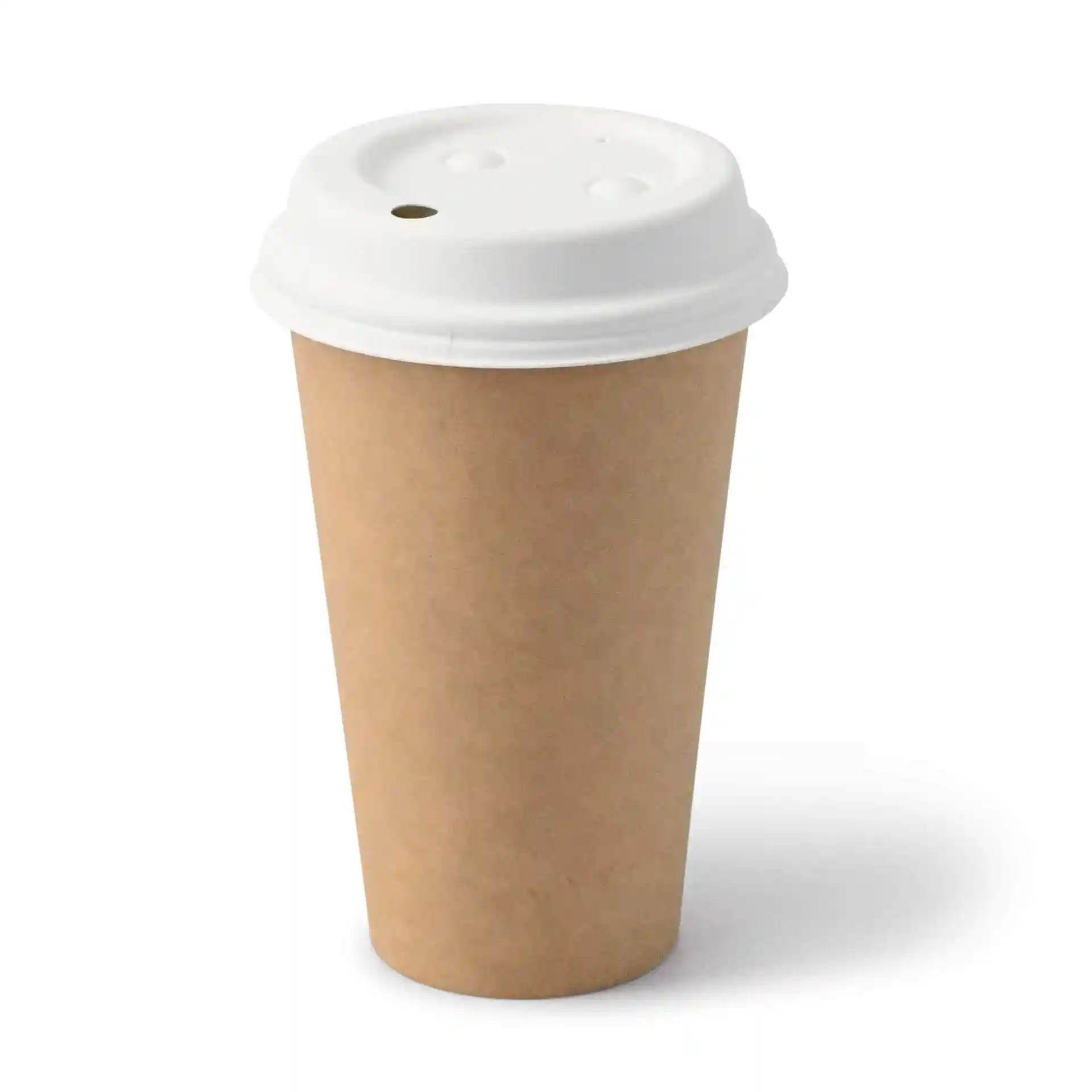 Brown paper cup with a white lid, 16 oz capacity, round shape, and a coated cardboard material.