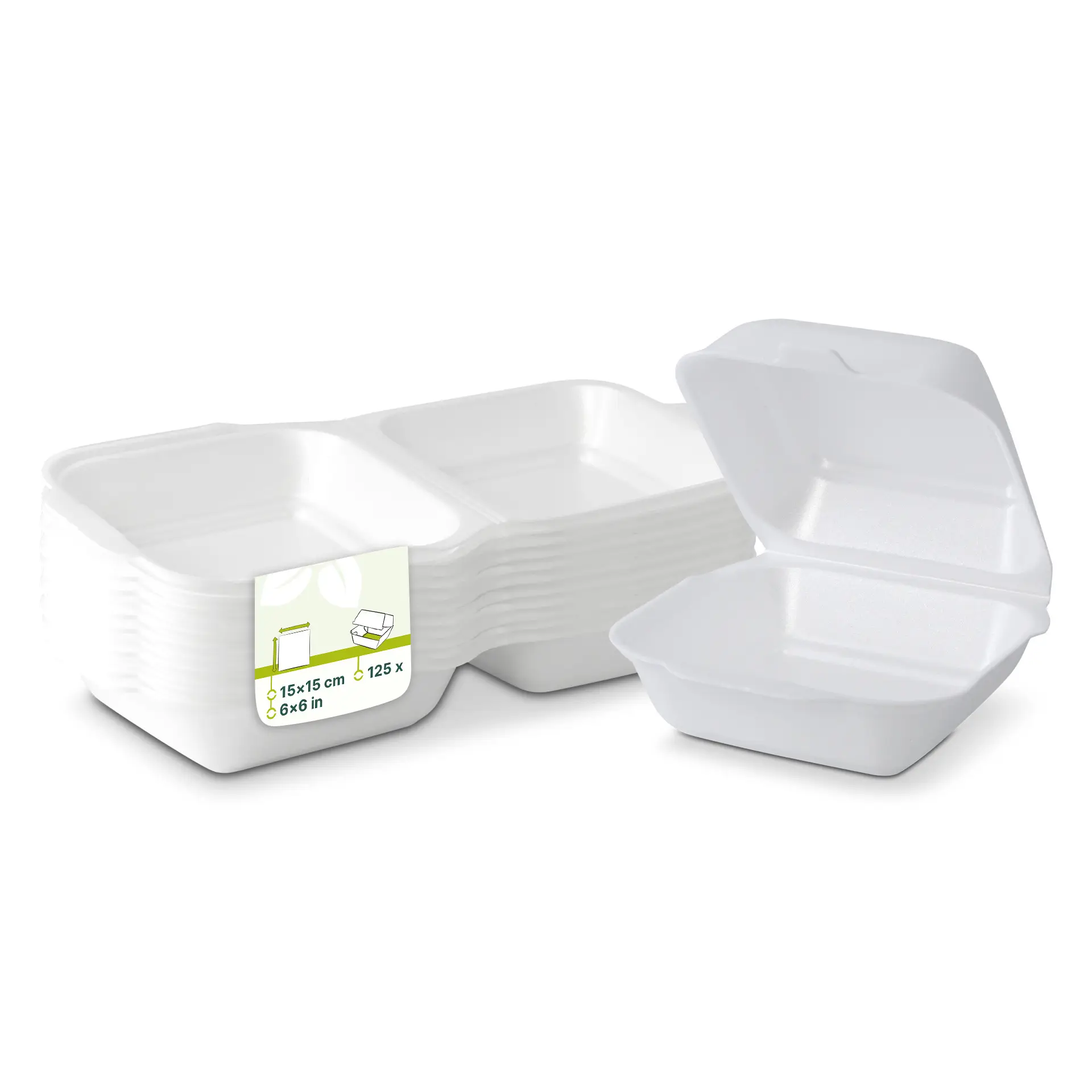 Set of white square food containers, each measuring 15x15 cm, with one container partially opened showing the interior.