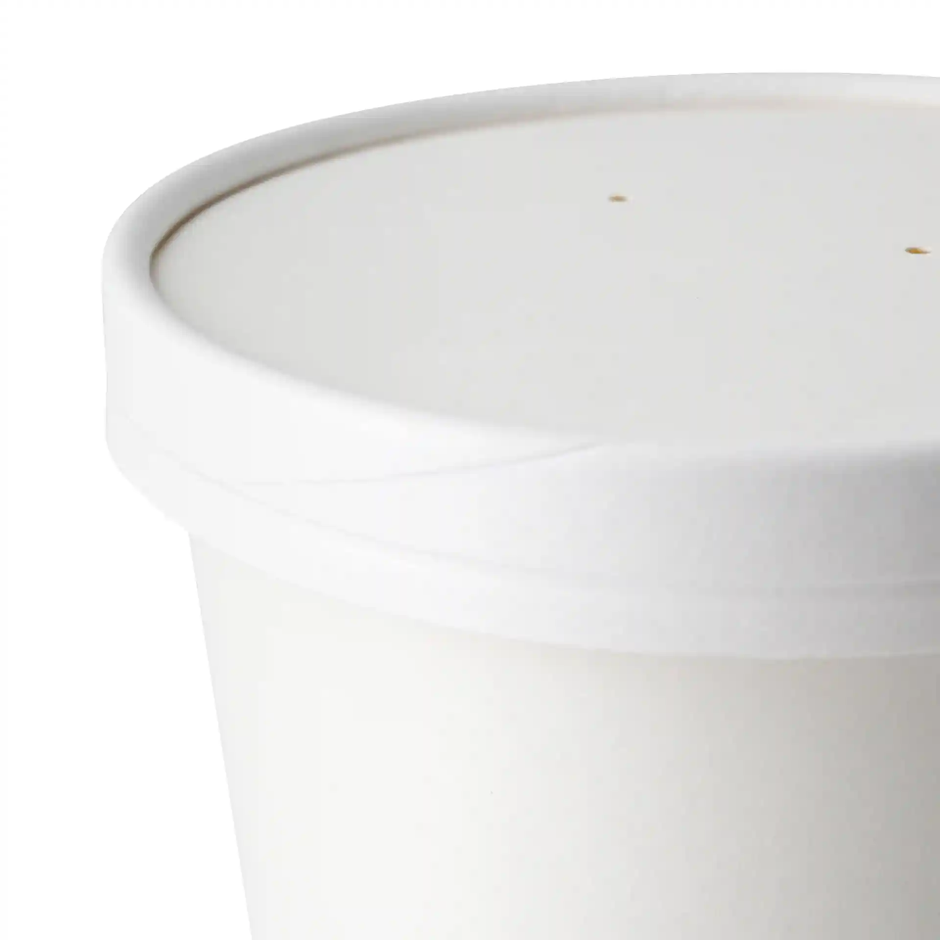 White paper cup with a smooth rim and a flat lid featuring two small holes on top.