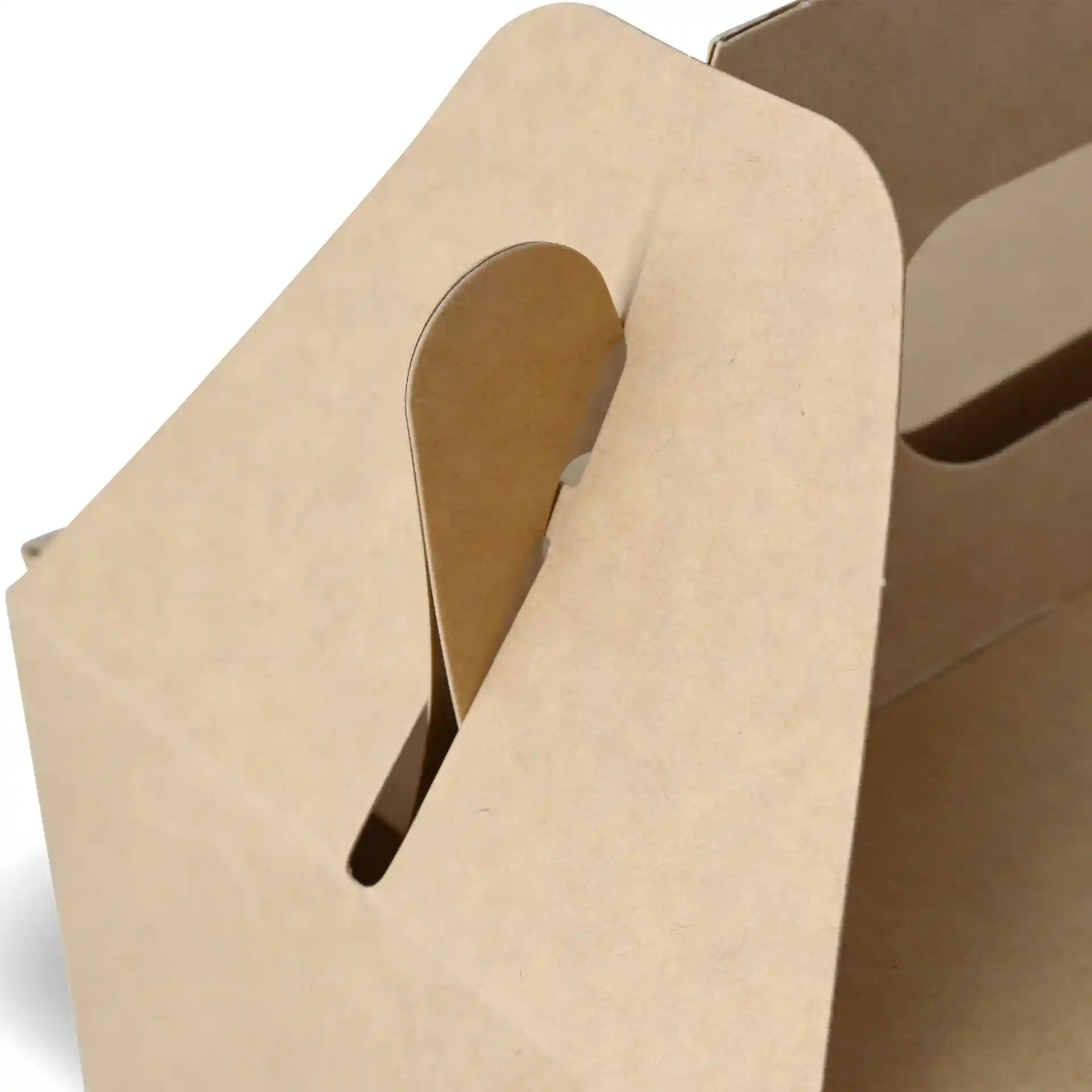 Close-up of a brown cardboard pastry box with a handle, featuring a slot for easy opening.