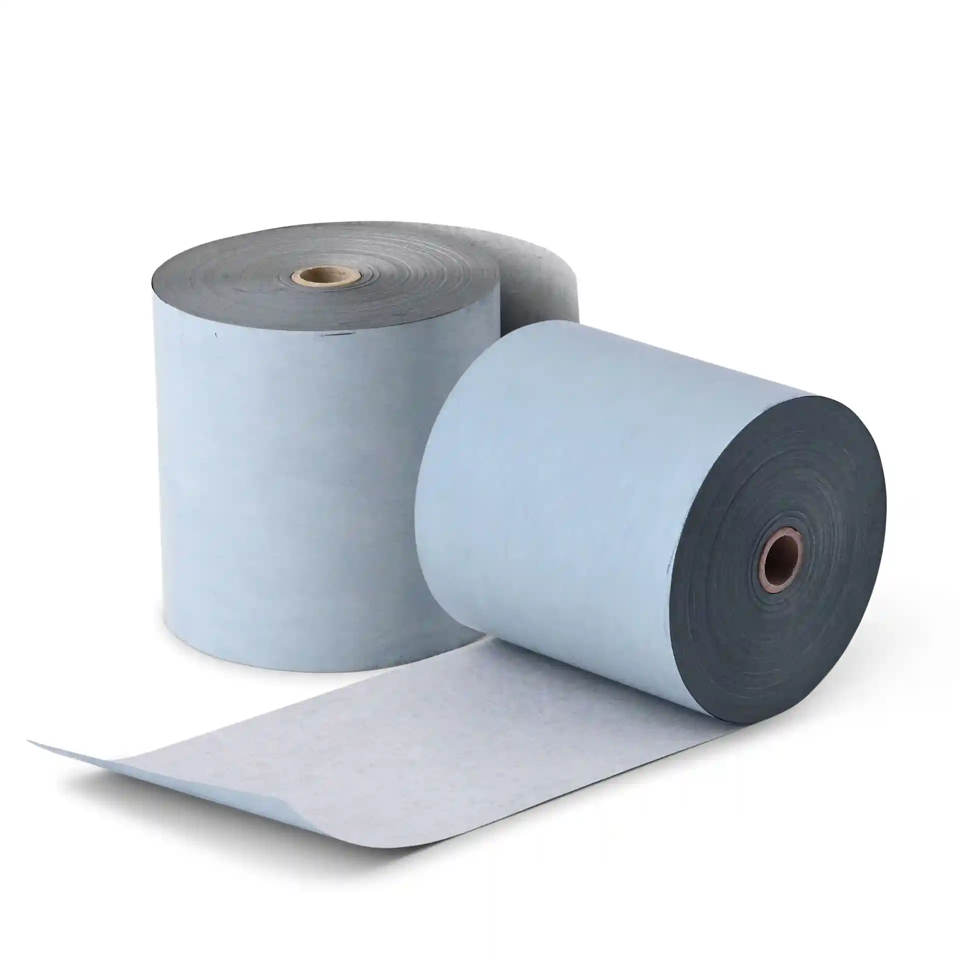 Zwei Rollen graues Thermopapier, 80 mm breit und 80 m lang, eine Rolle teilweise abgewickelt.