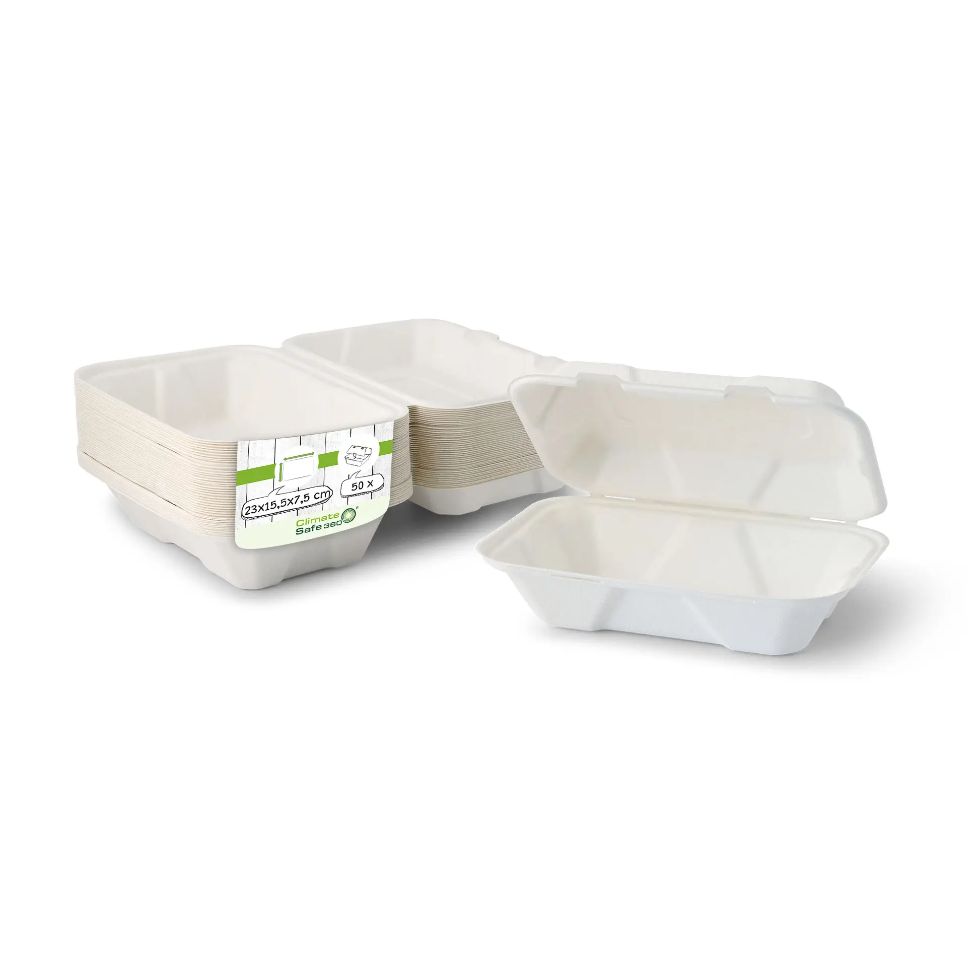 Take-away Boxen aus Zuckerrohr 23 x 15,5 x 7,5 cm, rechteckig Take-away Boxen aus Zuckerrohr 23 x 15,5 x 7,5 cm, rechteckig