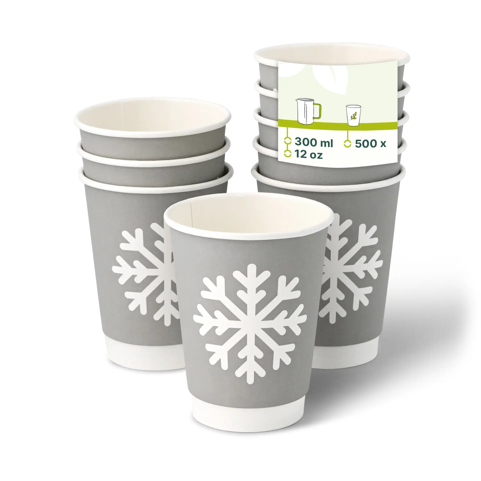 Pappbecher doppelwandig Winter "Schneeflocke", 300 ml / 12 oz, Ø 90 mm, grau Pappbecher doppelwandig Winter "Schneeflocke", 300 ml / 12 oz, Ø 90 mm, grau