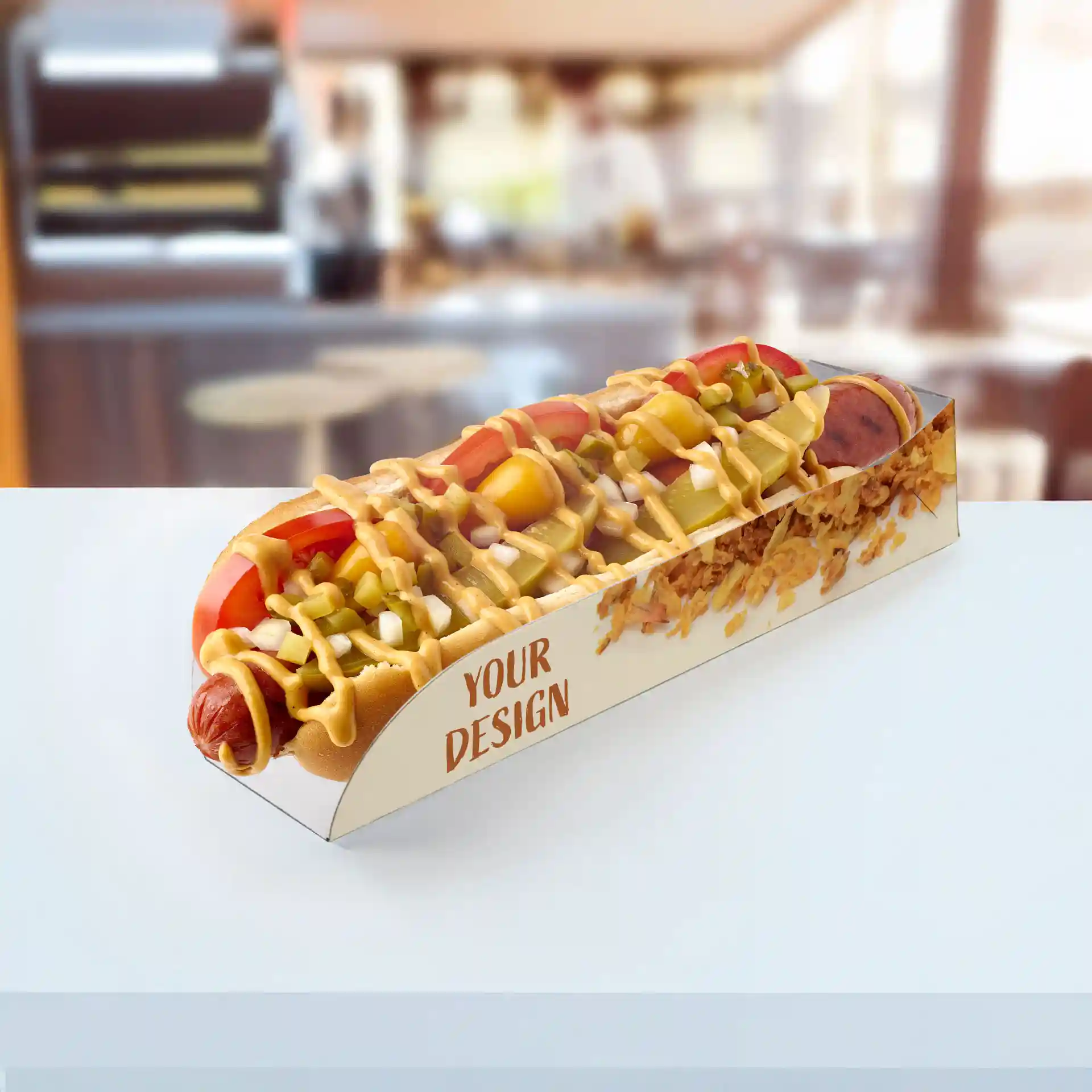 Hot-Dog-Verpackung mit Belägen, mit einem Designbereich, auf weißem Hintergrund. Maße: 20 x 5 x 4 cm.