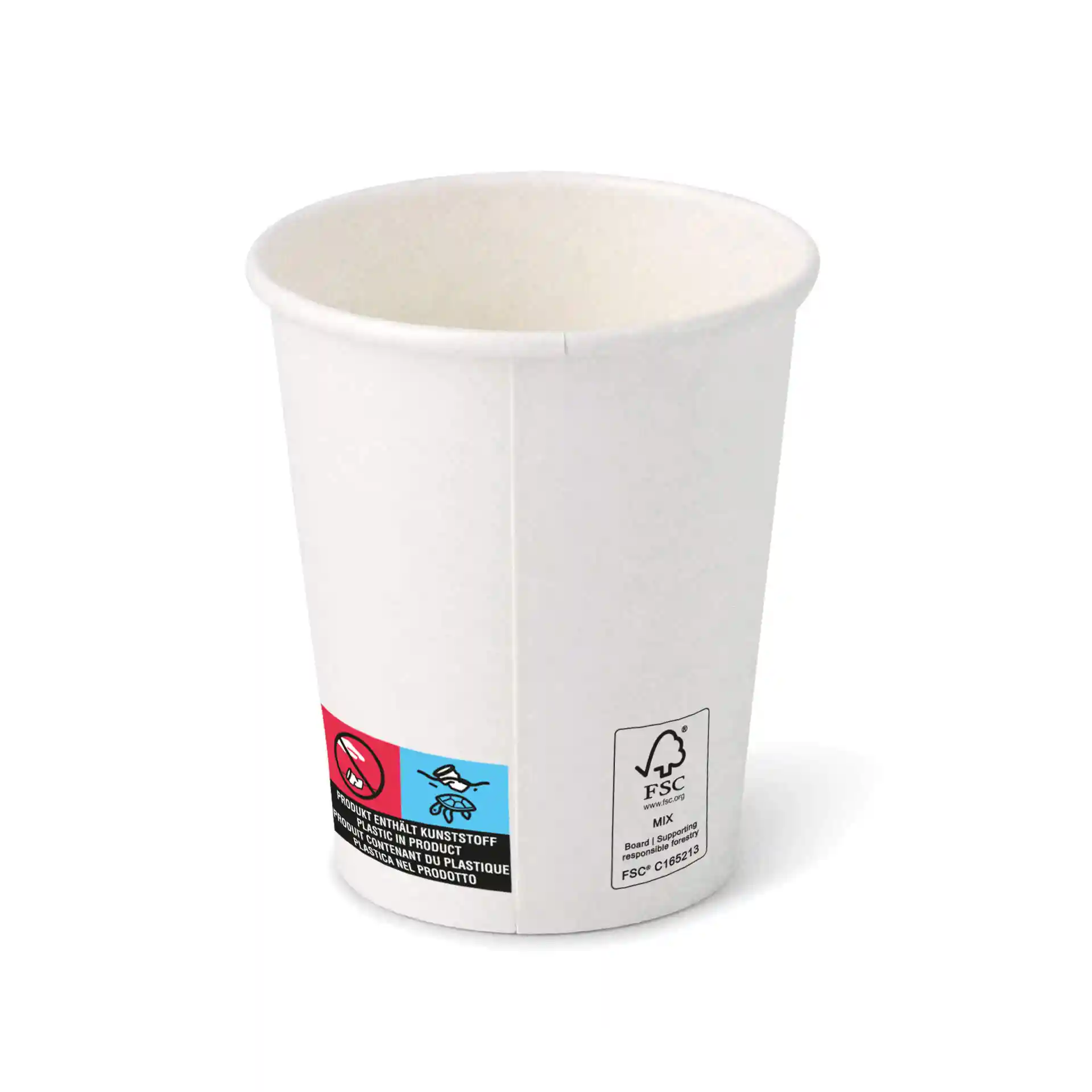 Weißer Becher mit runder Form, 8 oz Kapazität und sichtbaren Etiketten an der Seite.