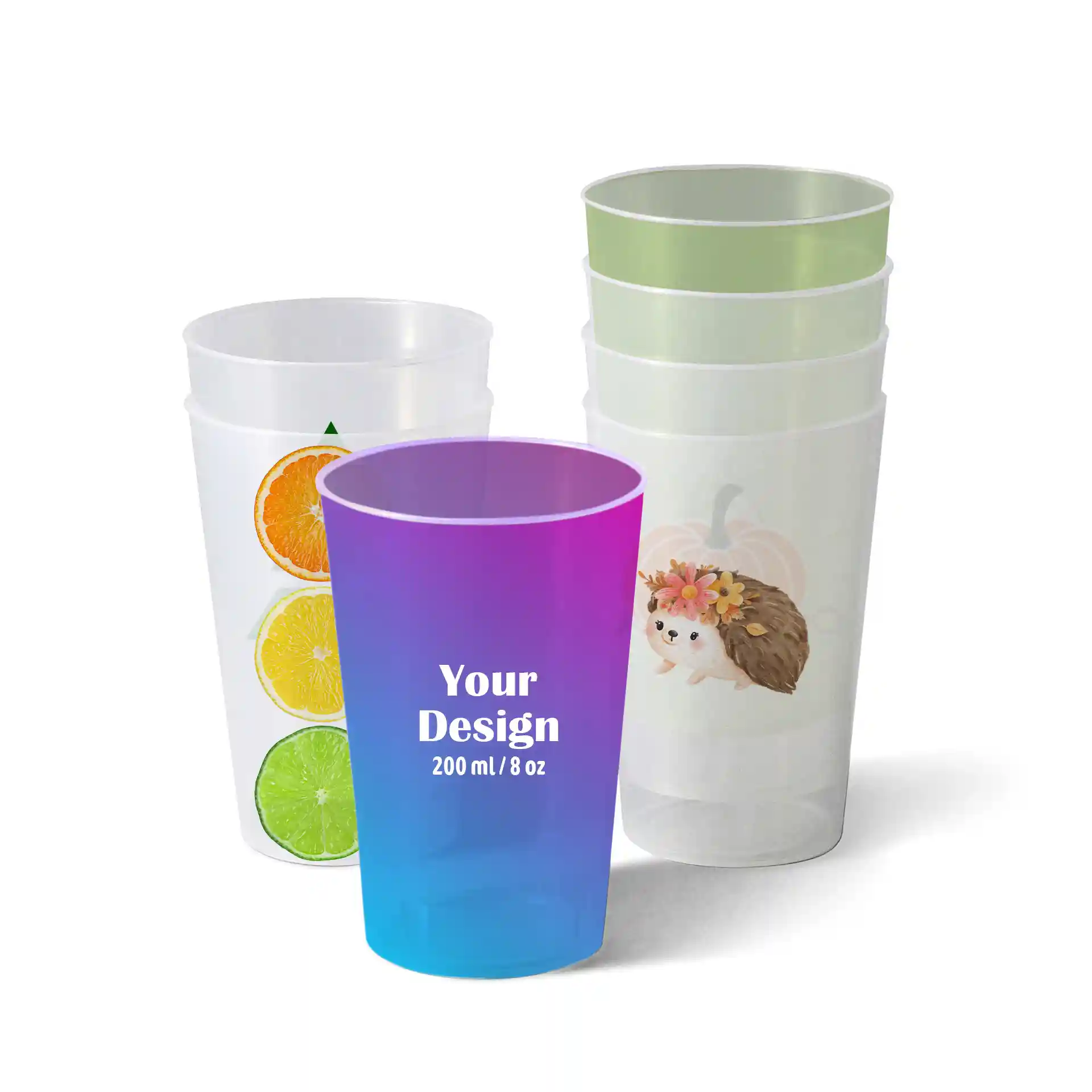 Clear reusable cup with a gradient design, featuring a hedgehog illustration and citrus fruit graphics.