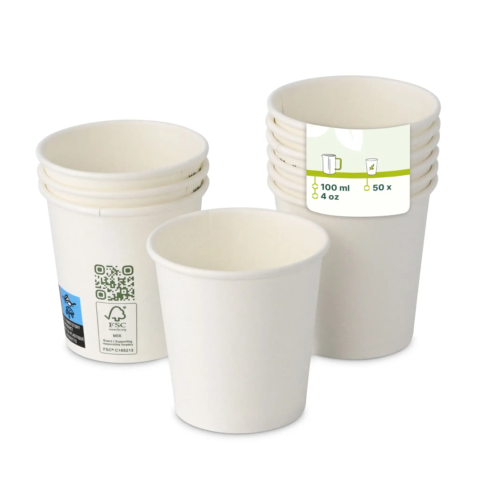 One white 4 oz paper cup with PLA coating in focus; multiple similar cups stacked behind, featuring a label.