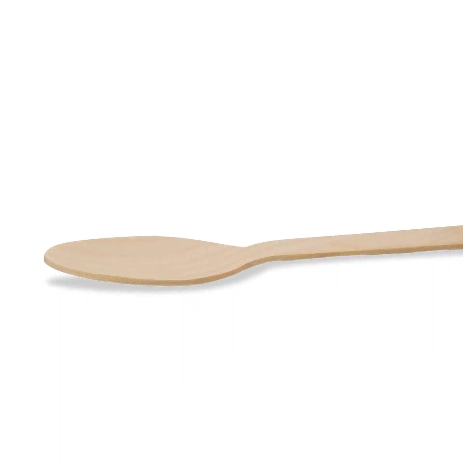 Holzlöffel mit glatter Oberfläche, 215 mm lang und 57 mm breit, auf weißem Hintergrund.