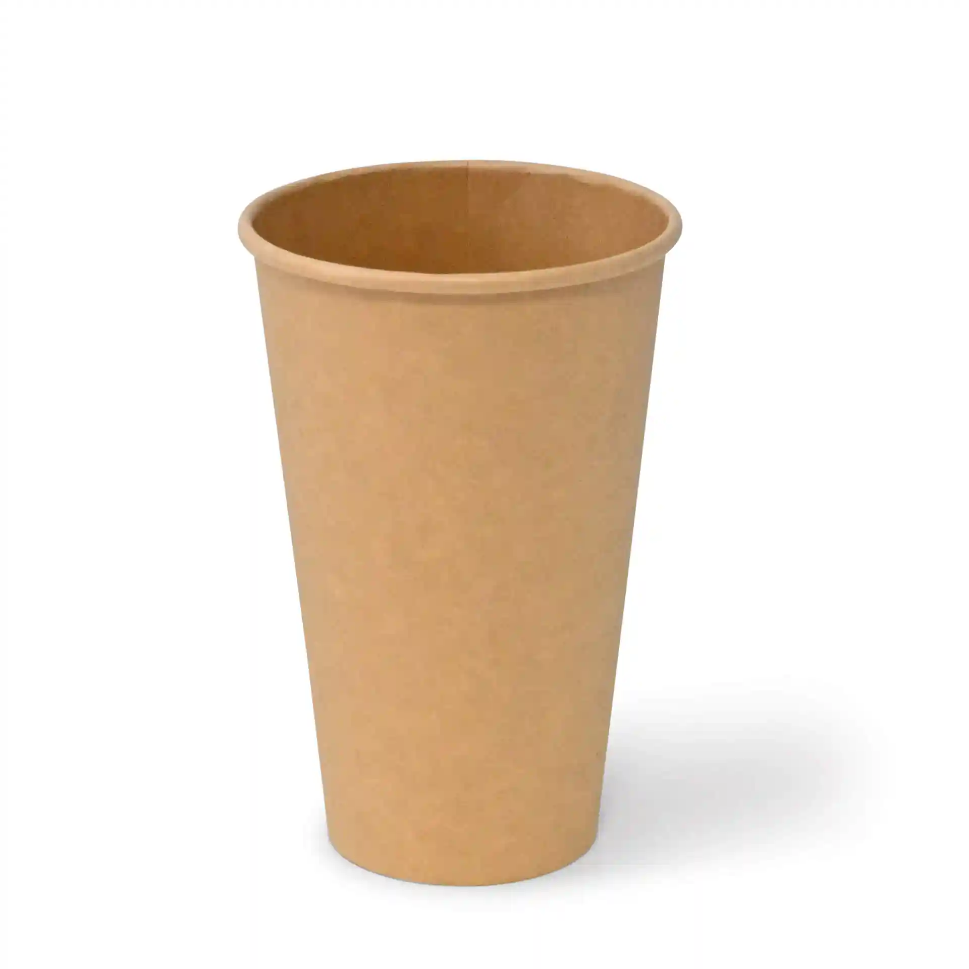 Brown 16 oz paper cup with a round shape, coated, measuring 138 mm in height and 90 mm in diameter at the top.