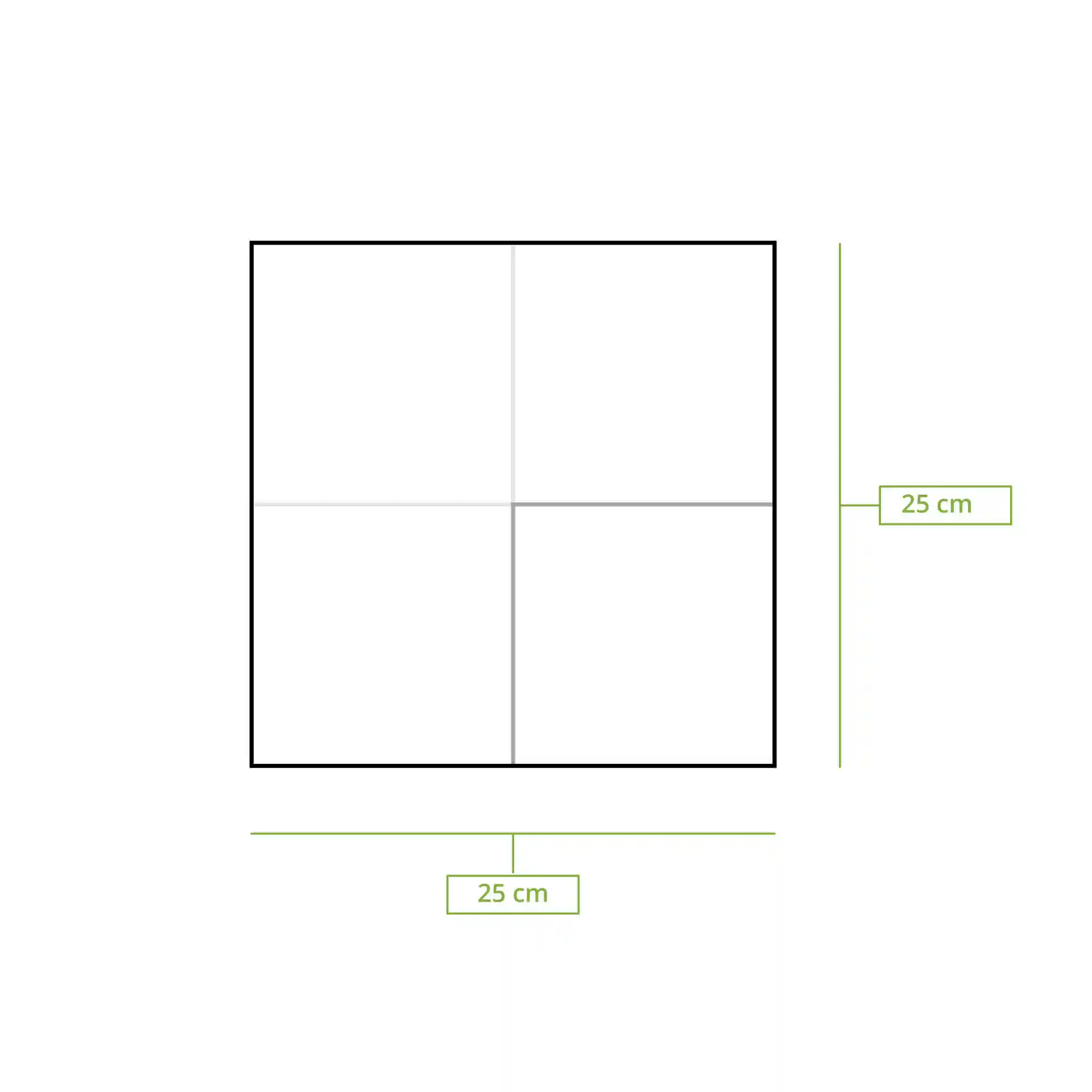 Schematische Zeichnung einer quadratischen Serviette mit Maßlinien, die 25 cm auf jeder Seite anzeigen.