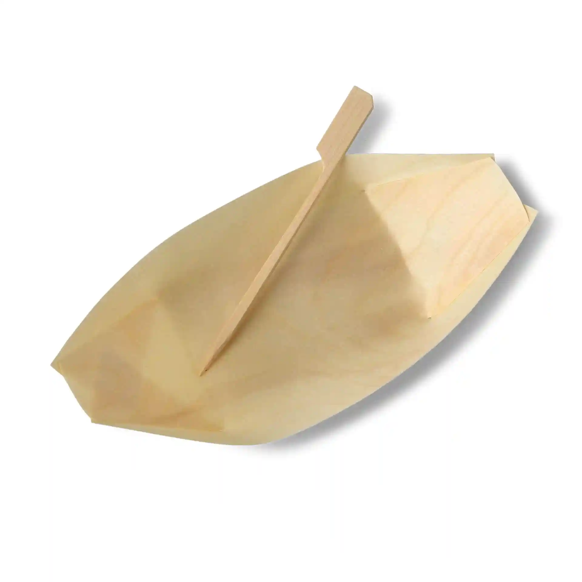 Bambus-Spieß, 12 cm lang, mit flachem Ende, auf einem weißen Hintergrund.