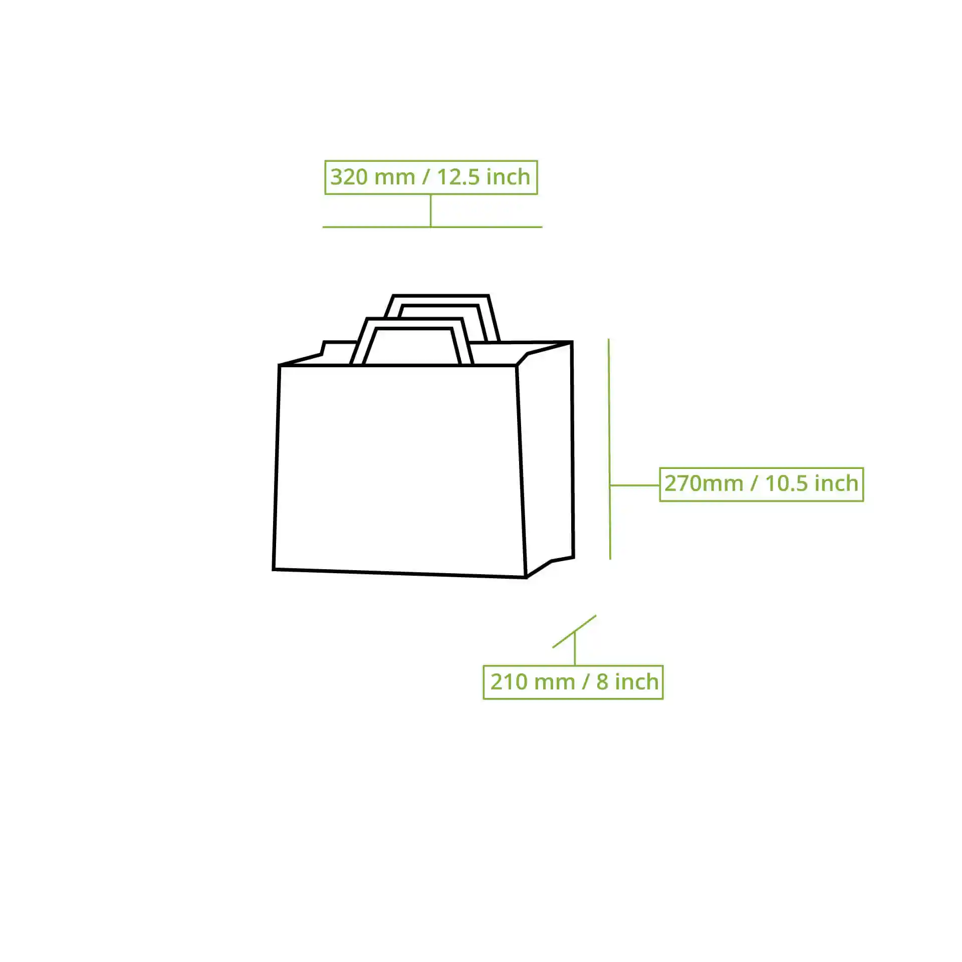 Schematische Zeichnung einer Papiertasche mit beschrifteten Abmessungen: 320 mm Länge, 270 mm Höhe und 210 mm Breite.