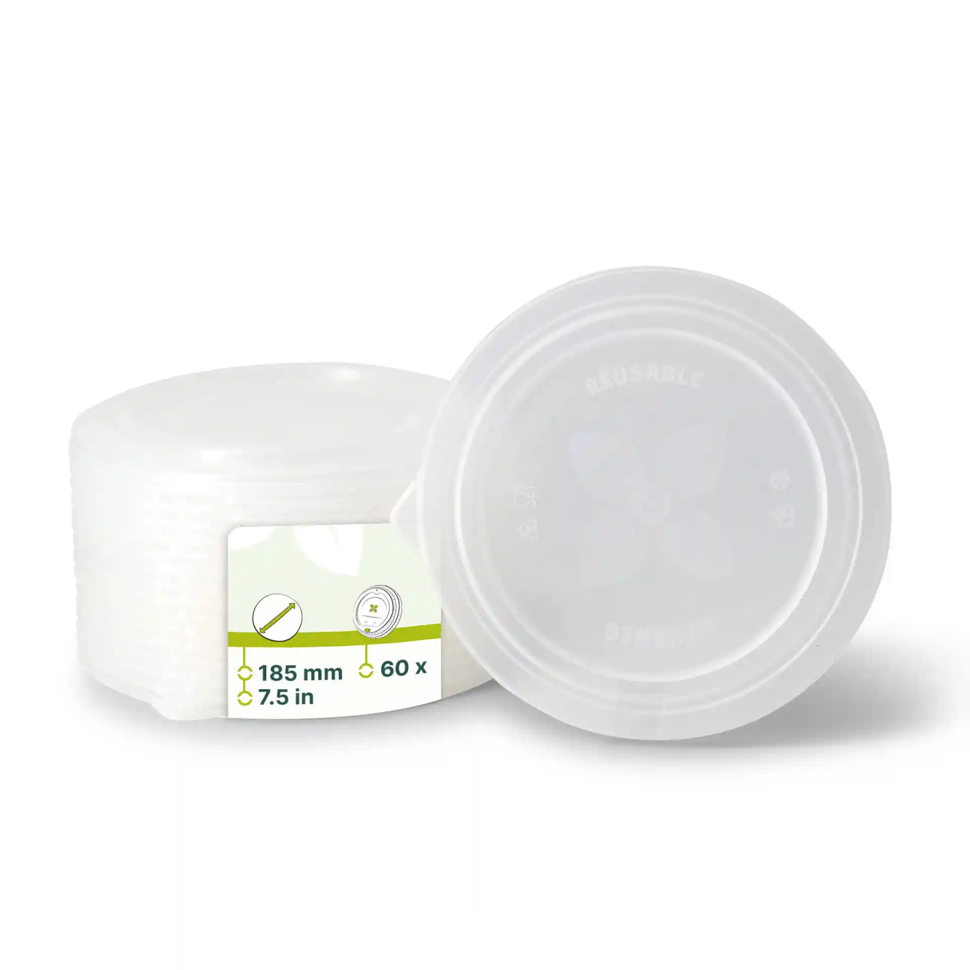 Transparent reusable lids in a stack, with a label showing dimensions and quantity.