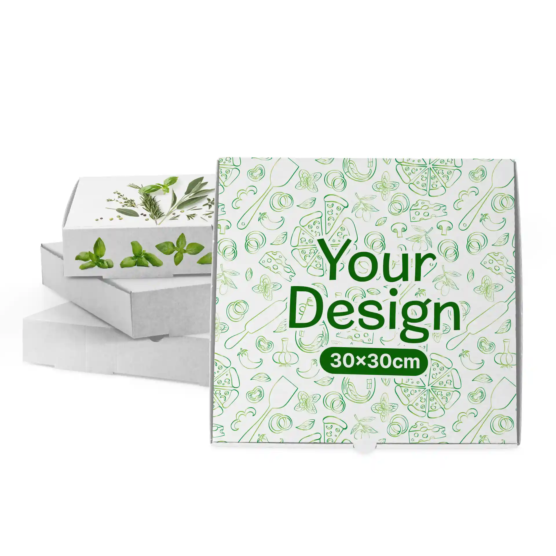 White pizza box with green design elements, measuring 30 x 30 cm, in front of two plain white boxes.