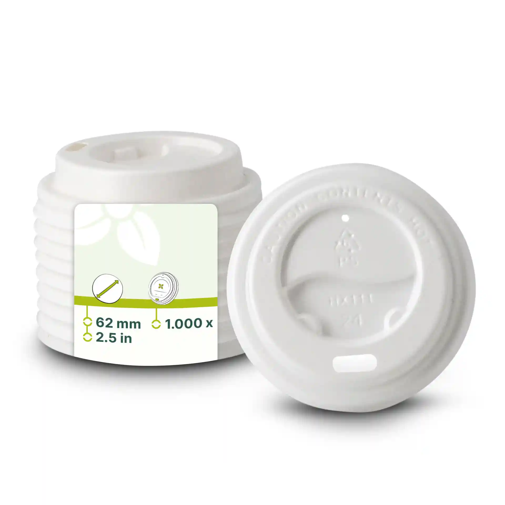 White PS lid with a diameter of 62 mm, featuring a drinking hole and a round shape.