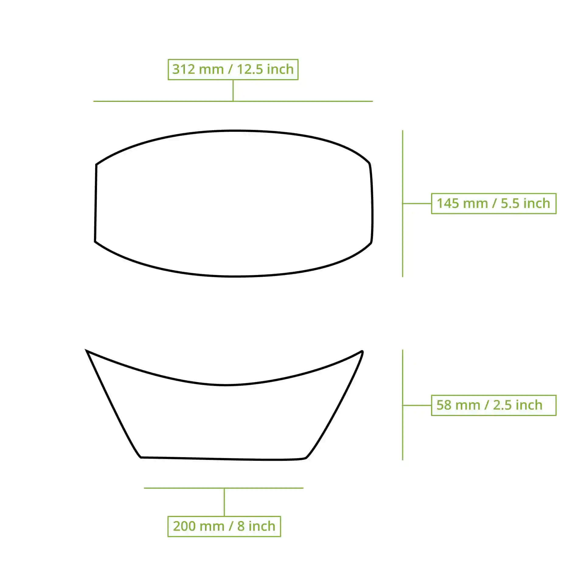 Schematic drawing of a palm leaf boat with dimensions labeled: 312 mm length, 145 mm width, and 58 mm height.