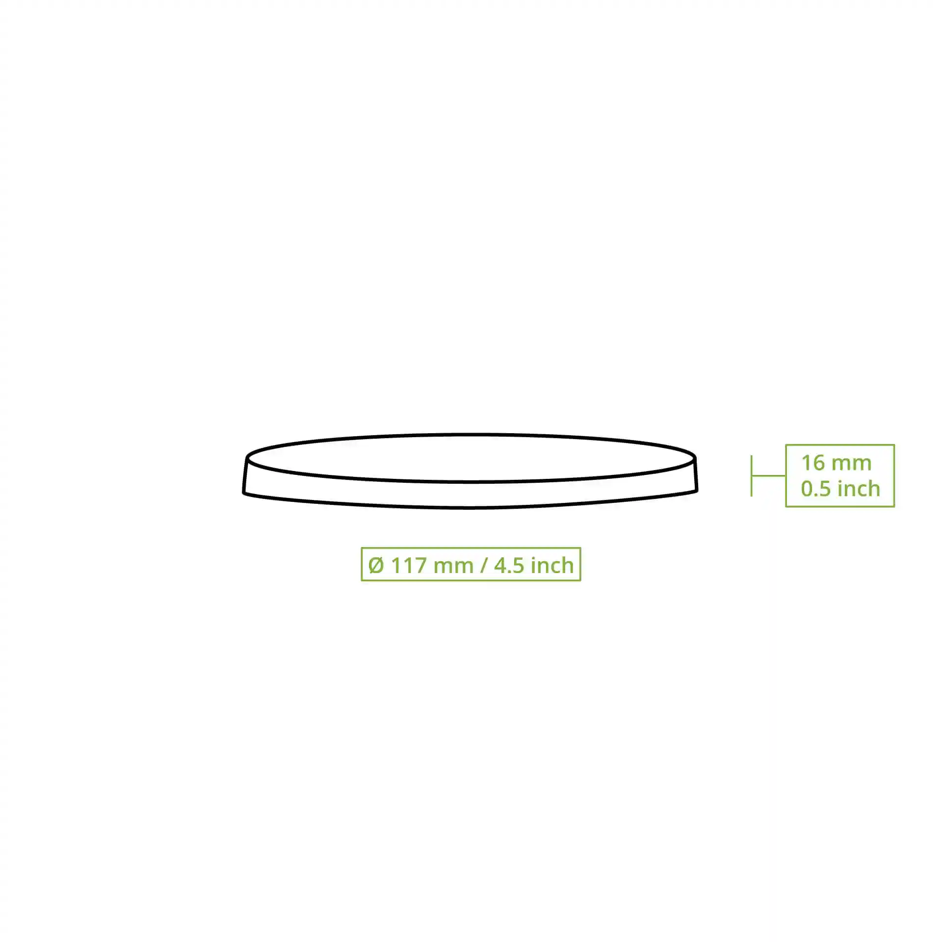 Schematic drawing of a round white cardboard lid with a diameter of 118 mm and a height of 16 mm.