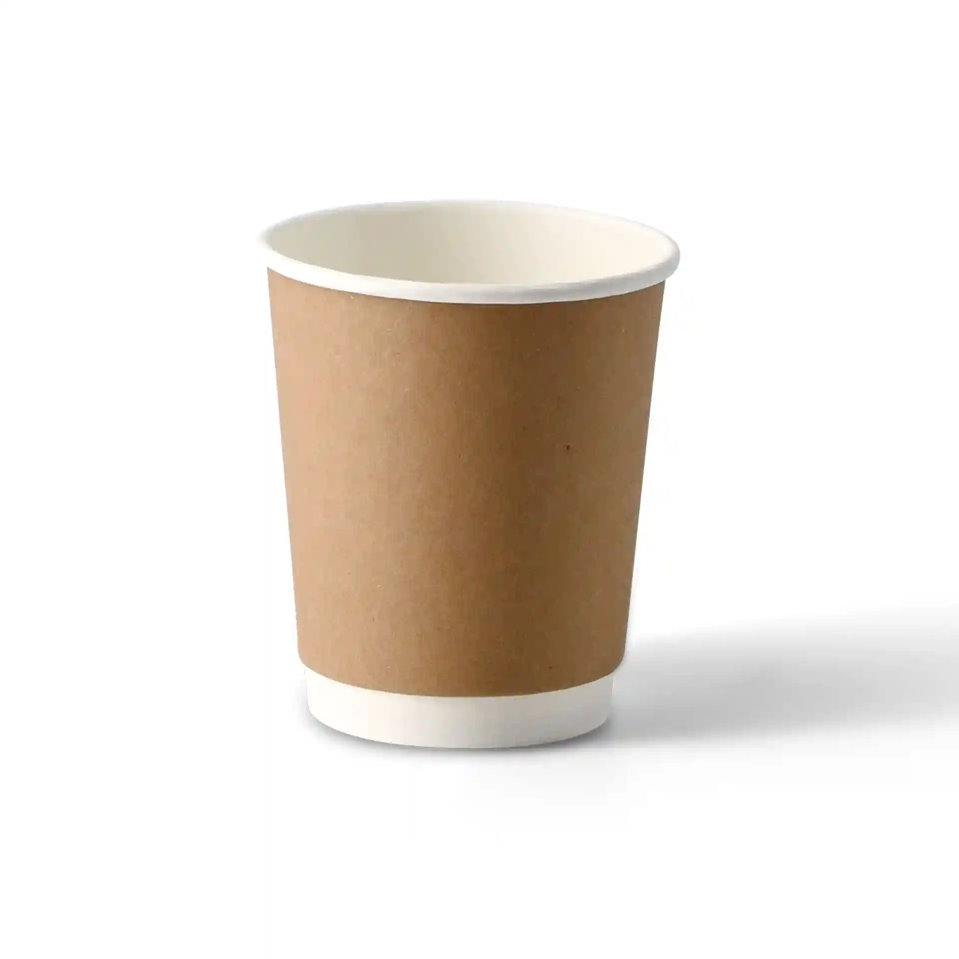 Brown double wall coffee cup with a white interior, 200 ml capacity, 90 mm height, and 80 mm diameter.