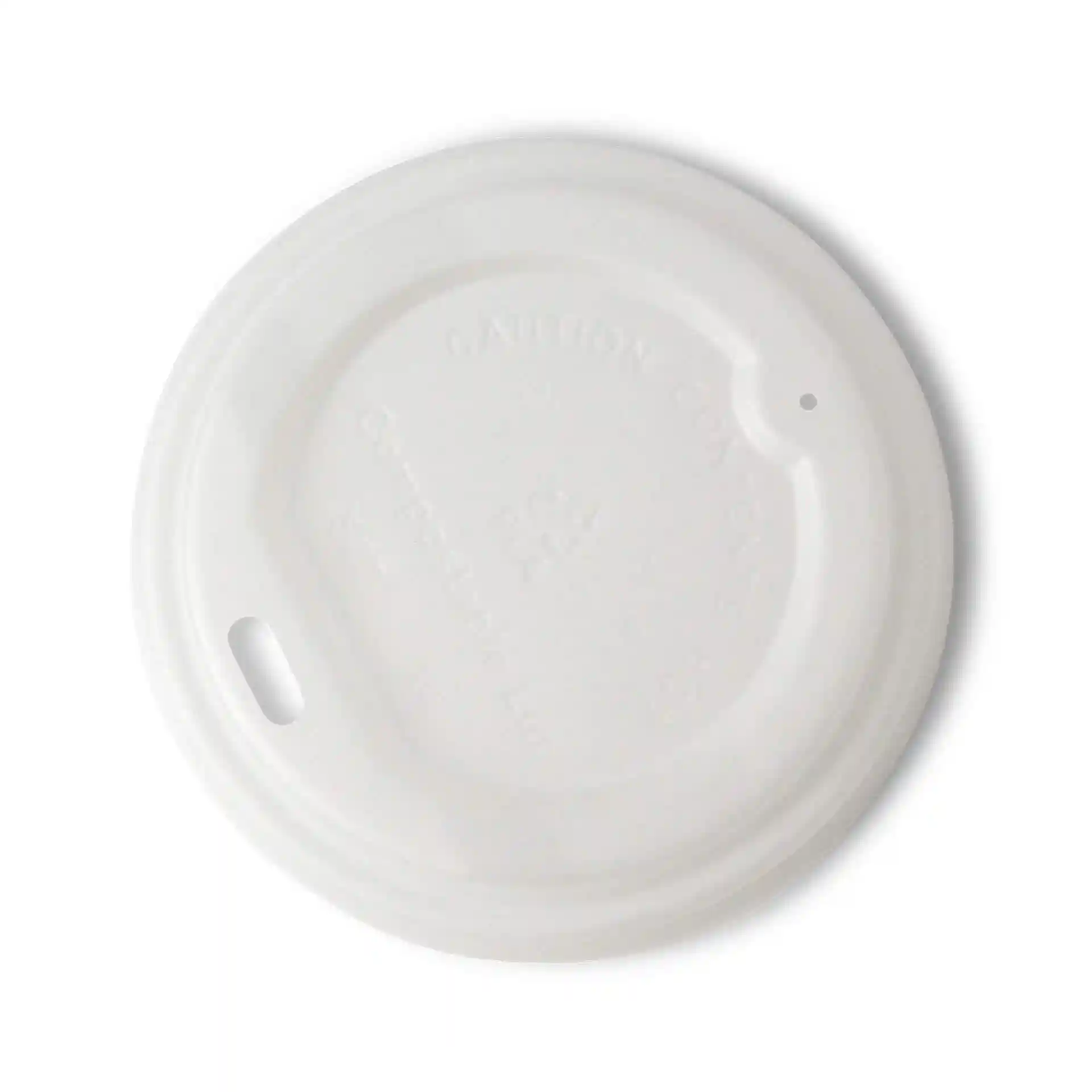 White CPLA lid with a drinking hole, measuring 80 mm in diameter and 15 mm in height.