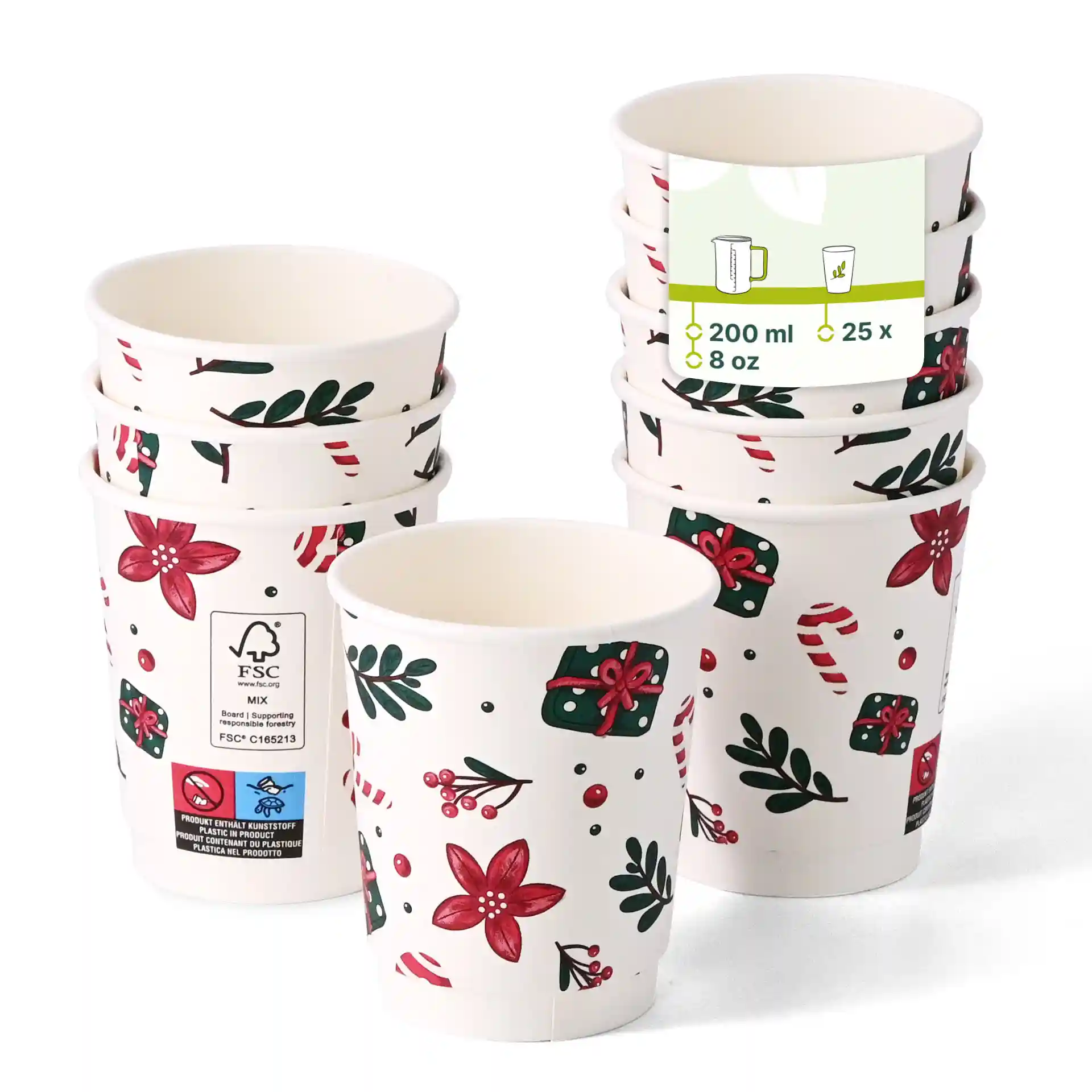Stapel aus doppelwandigen Bechern mit Winterdesign, jeder Becher fasst 200 ml und hat einen Durchmesser von 80 mm.