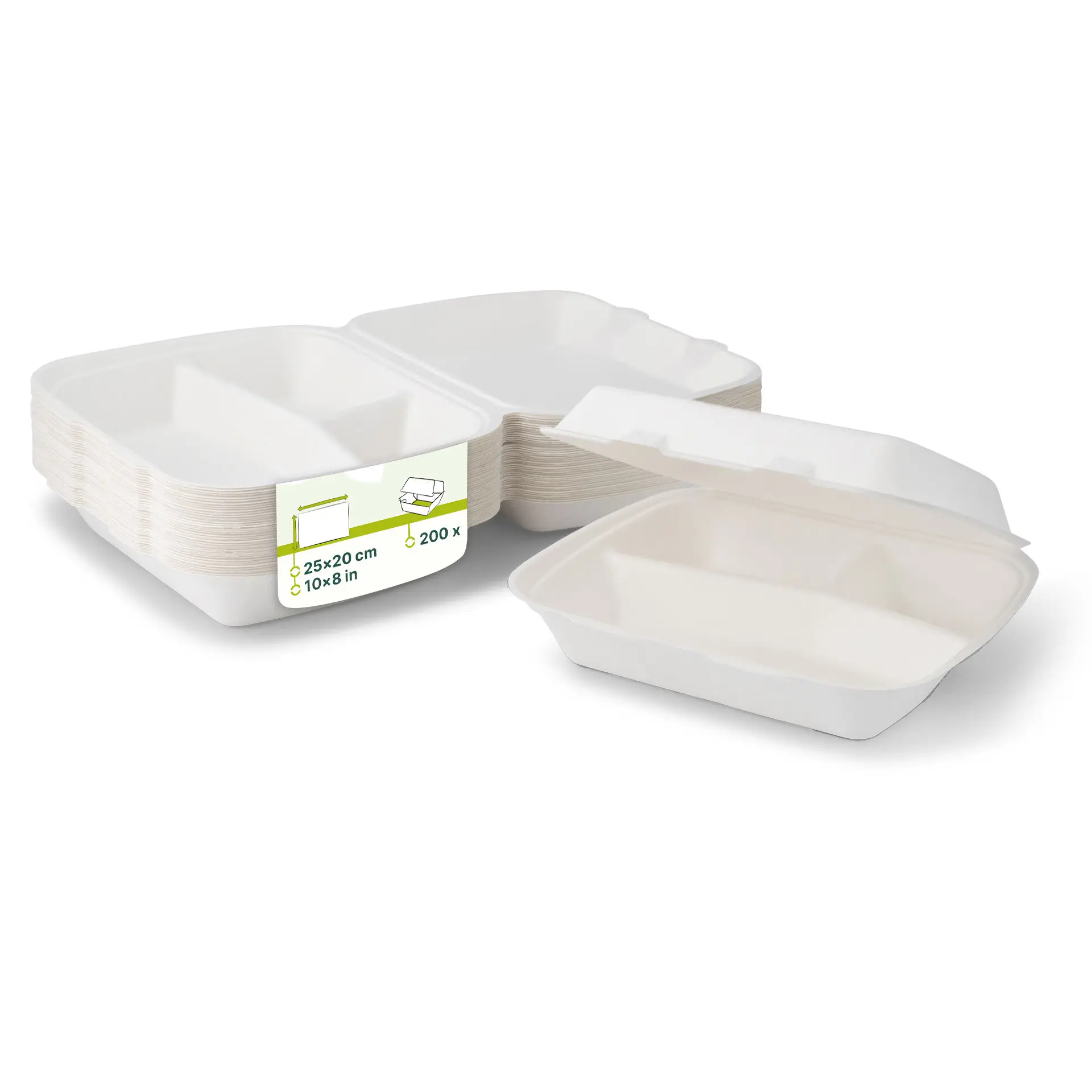 Menüboxen aus Zuckerrohr 25 x 20 x 7,5 cm, 3 Kammern, HP4/3, rechteckig Menüboxen aus Zuckerrohr 25 x 20 x 7,5 cm, 3 Kammern, HP4/3, rechteckig