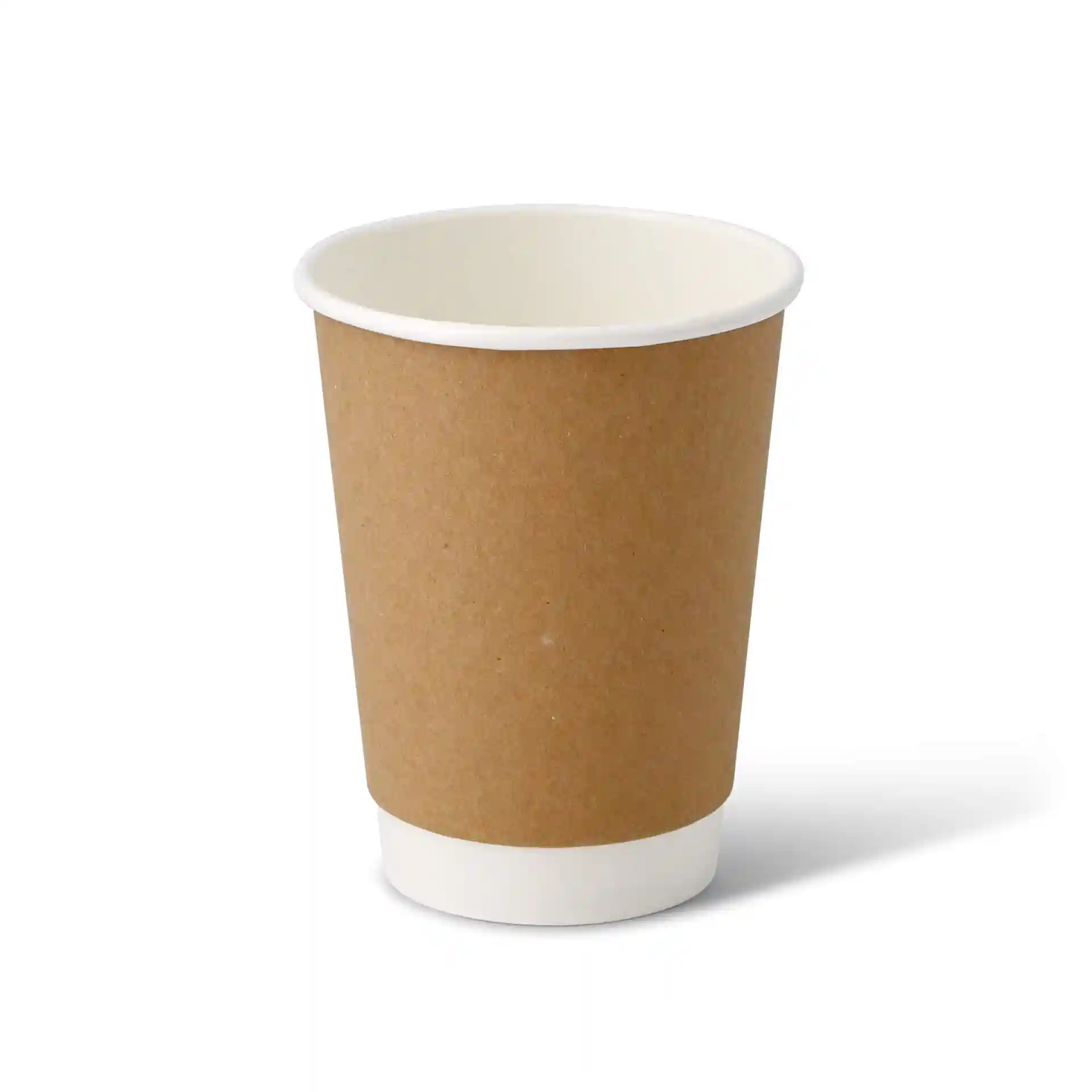 Brown double-walled cardboard cup with a white inner lining, 12 oz capacity, round shape, and 90 mm diameter.