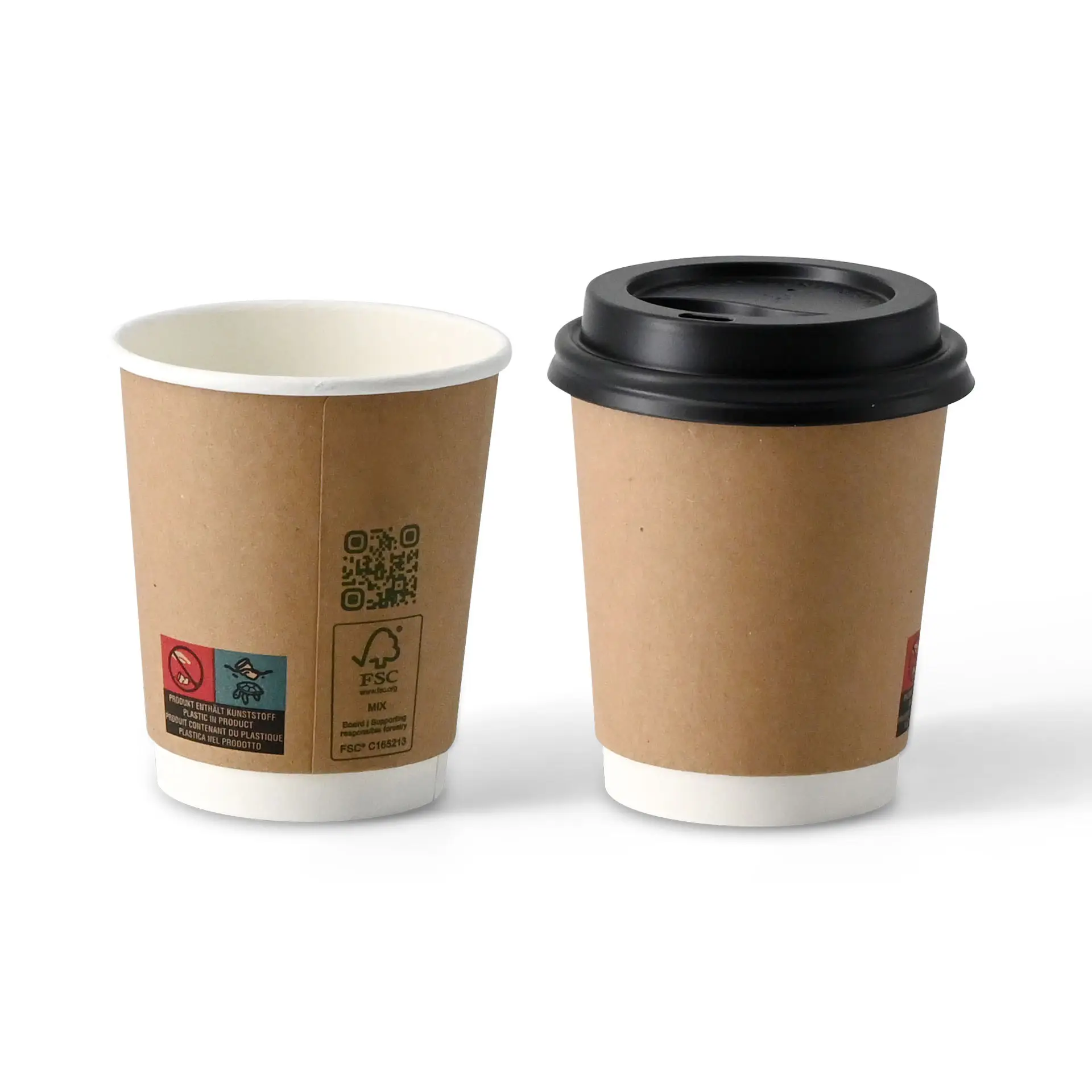Brauner doppelwandiger Becher mit weißem Innenraum, 200 ml Fassungsvermögen und schwarzem Deckel rechts.