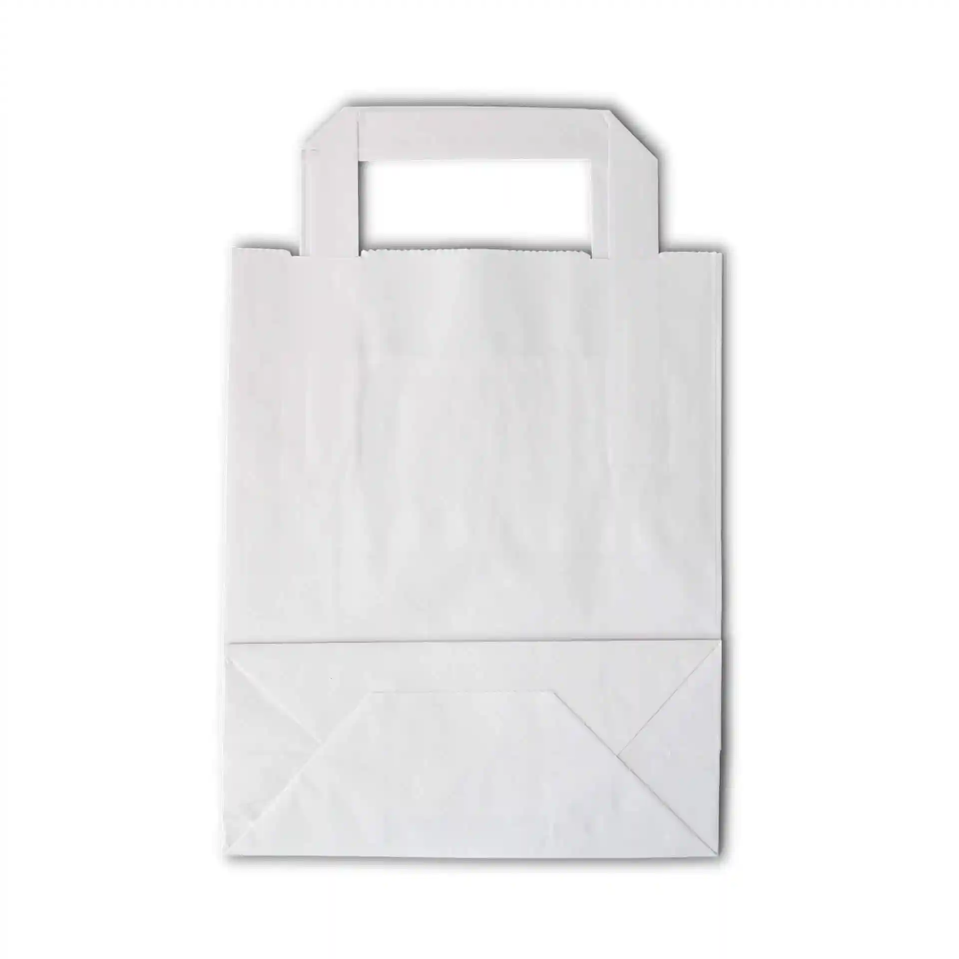 Weißer Kraftpapierbeutel in rechteckiger Form mit zwei oberen Griffen, 18 x 8 x 22 cm groß.