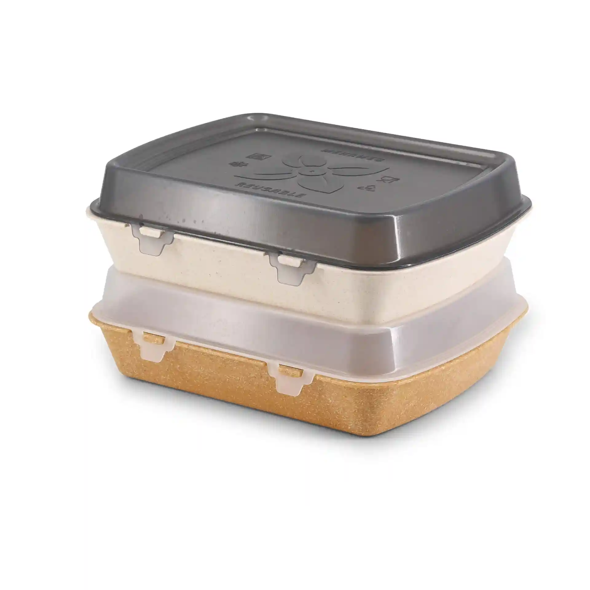 Stacked reusable menu containers in creamy white and cashew colors, rectangular shape, with lids.