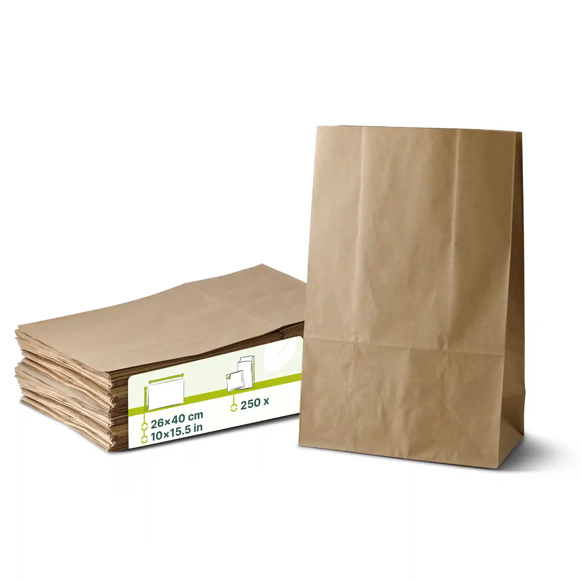 Brown kraft shopping bags, rectangular shape, measuring 26 x 14 x 40 cm, with a stack of multiple bags visible.