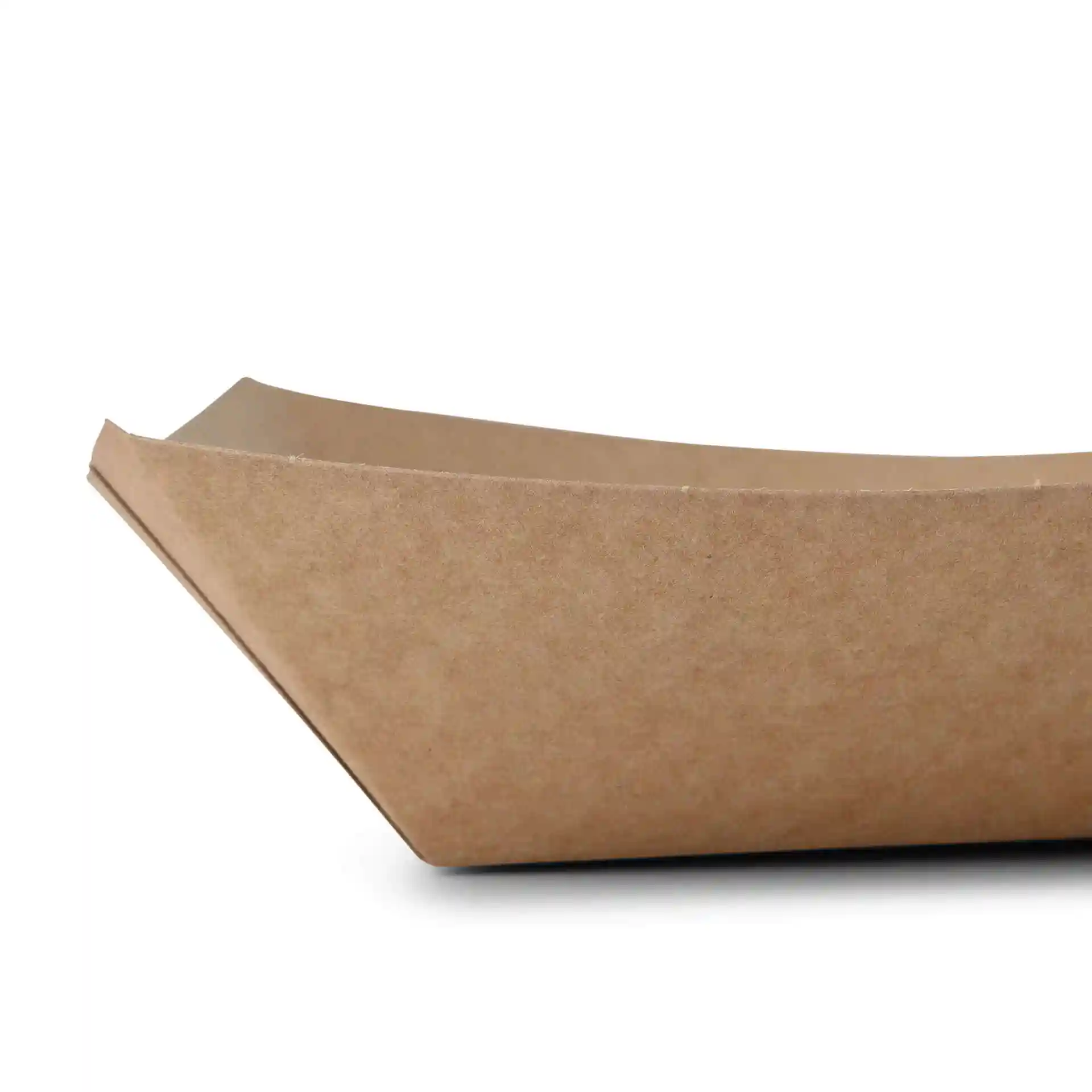 Brown rectangular cardboard food tray with a bio-coated surface, showing a side view and curved edges.