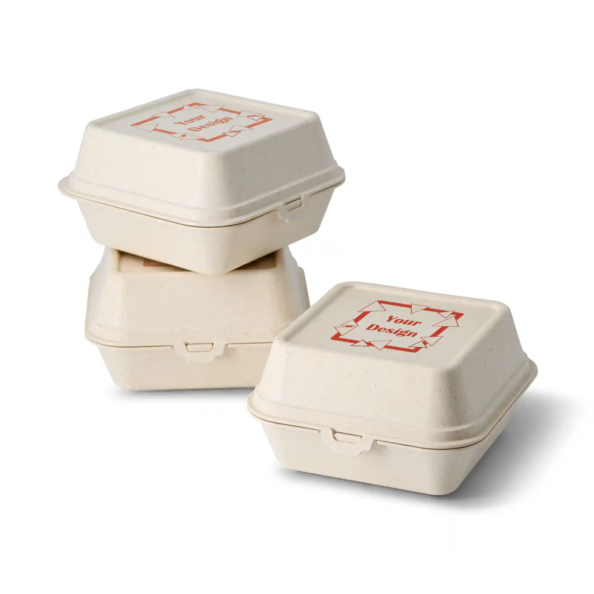 Stack of cream white printed reusable burger boxes with a rectangular shape and a design label on top.