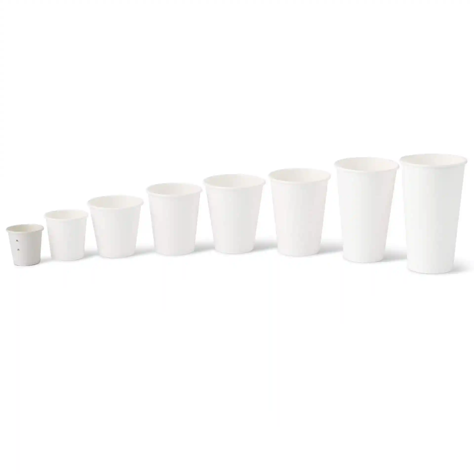 Set of eight white cardboard cups in varying sizes, arranged from smallest to largest.
