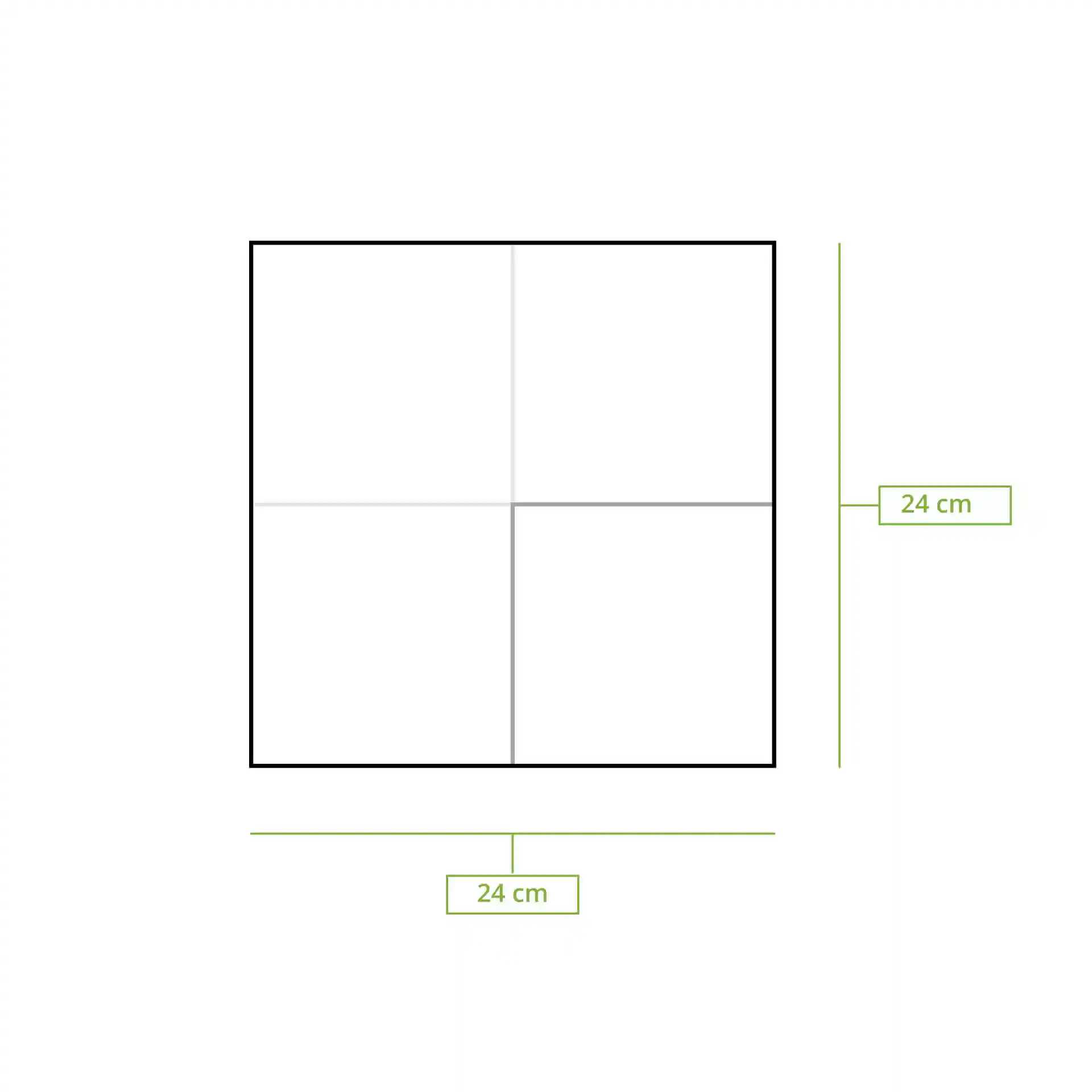 Schematische Zeichnung einer quadratischen Serviette mit Maßlinien, die 24 cm auf jeder Seite zeigen.