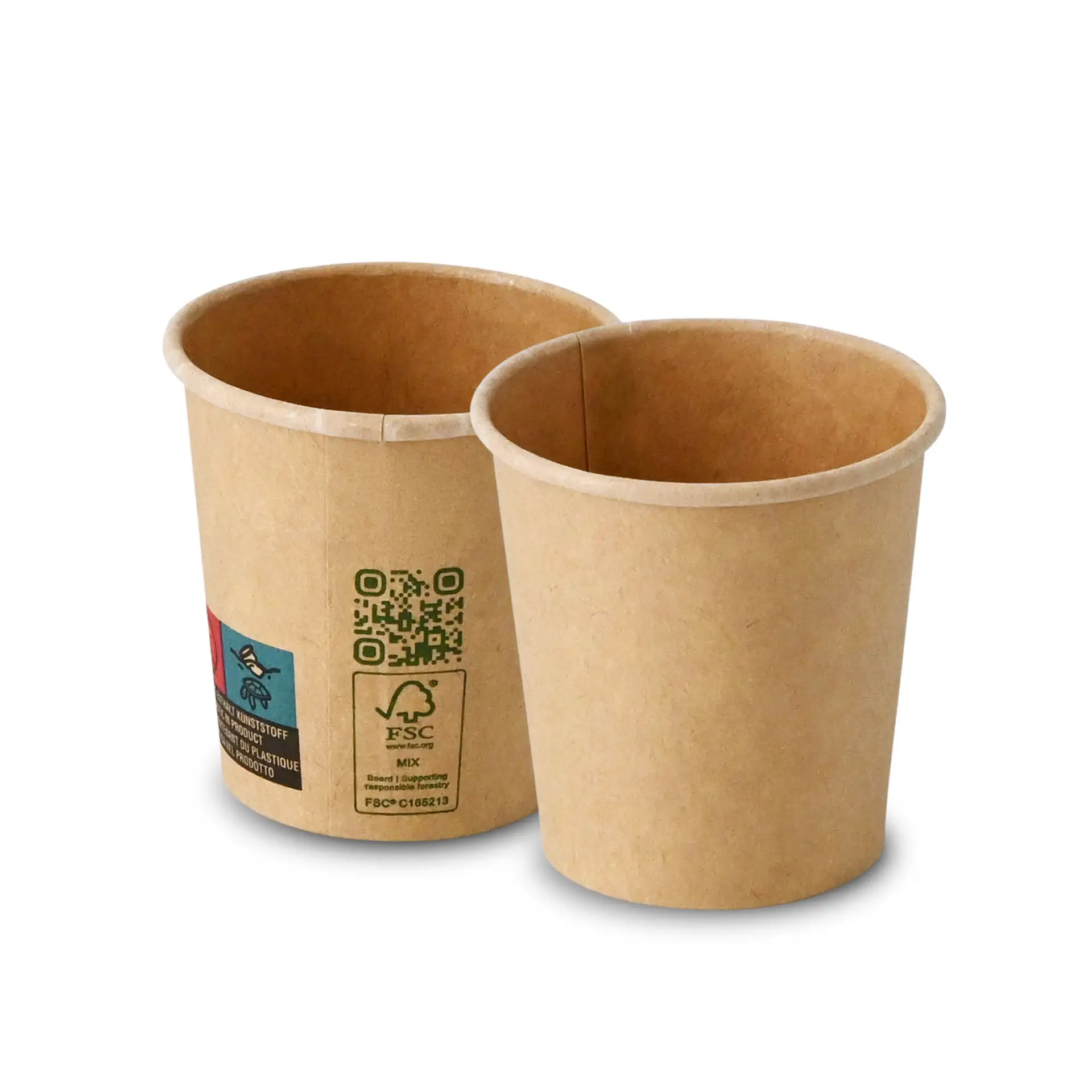 One brown single-wall paper cup with PLA coating; another similar cup partially visible behind, showing compostable label details.