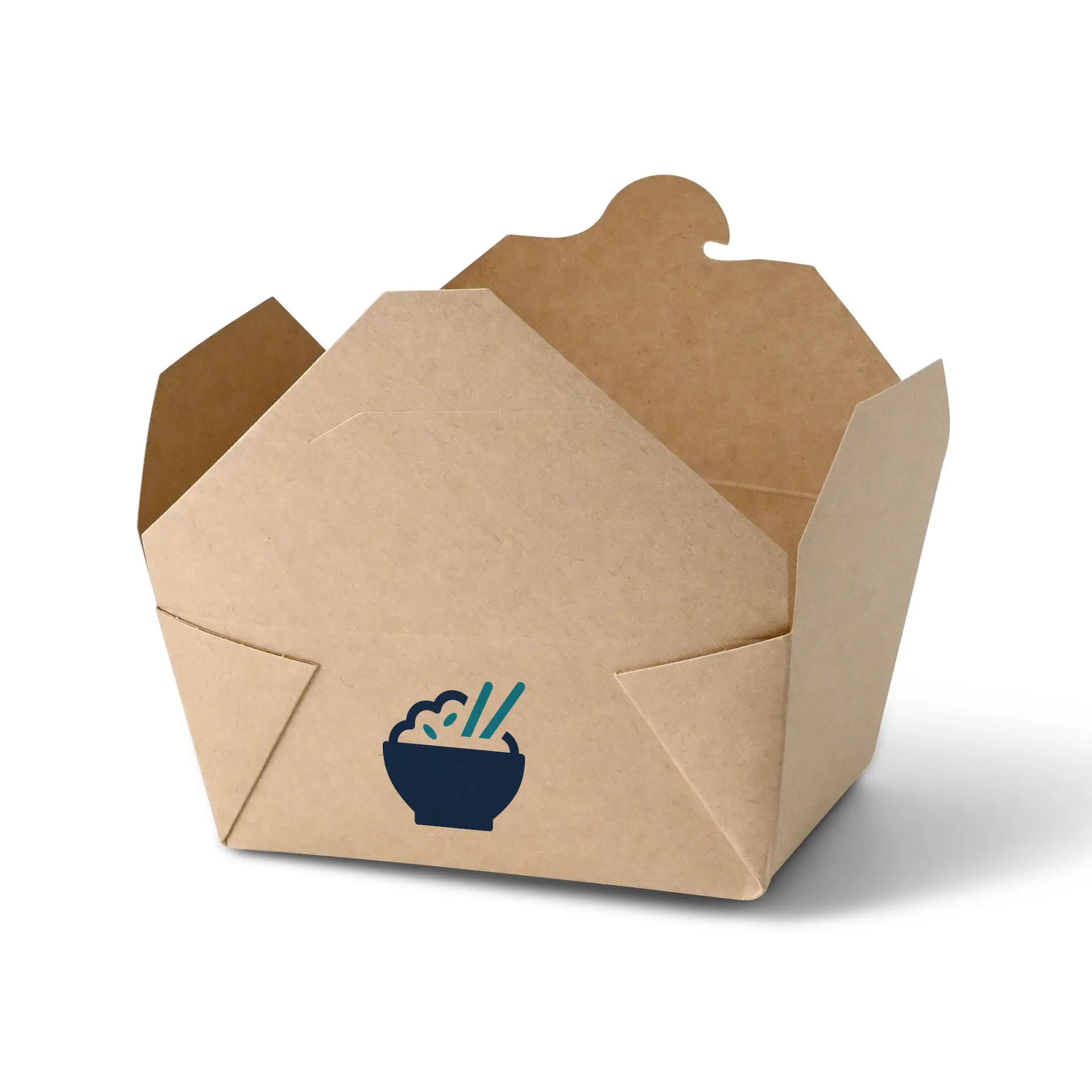 Custom printed takeaway box in brown cardboard with a bowl graphic; suitable for hot or greasy dishes. Ideal for restaurants and events.