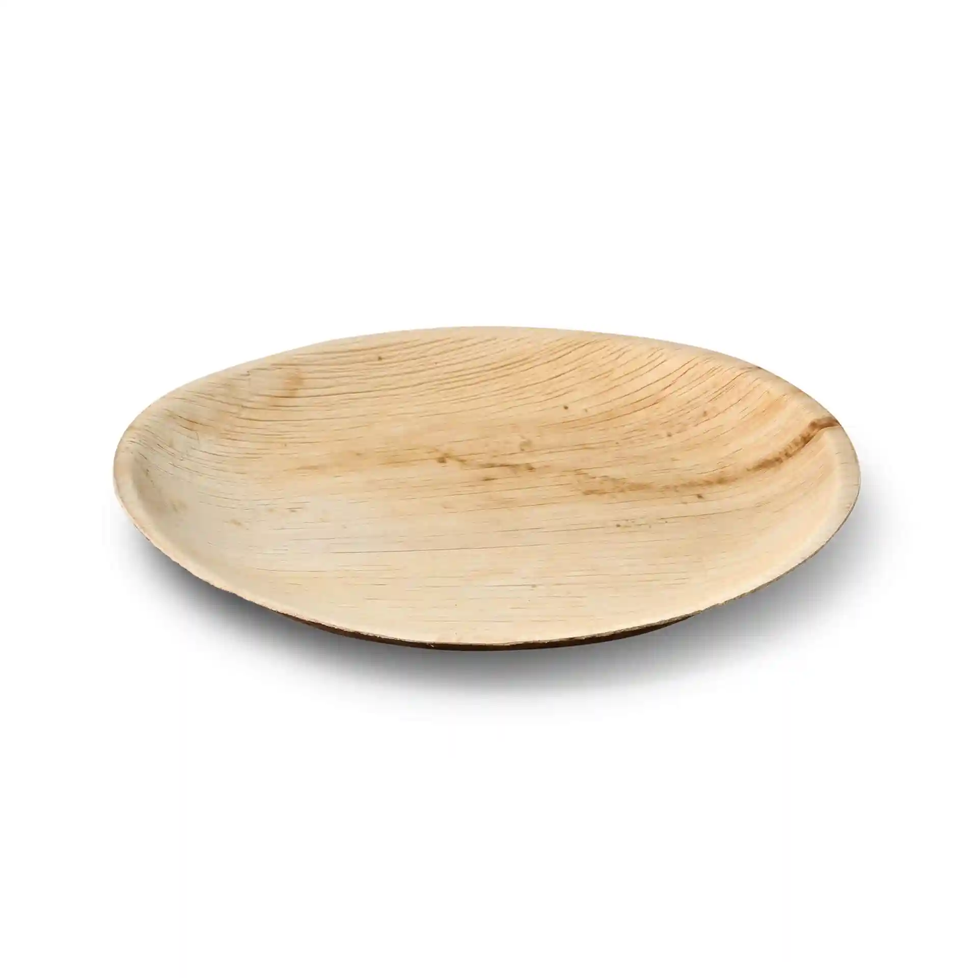 Runde Palmblattplatte mit einem Durchmesser von 23 cm und flachem Design, mit natürlicher Maserung.