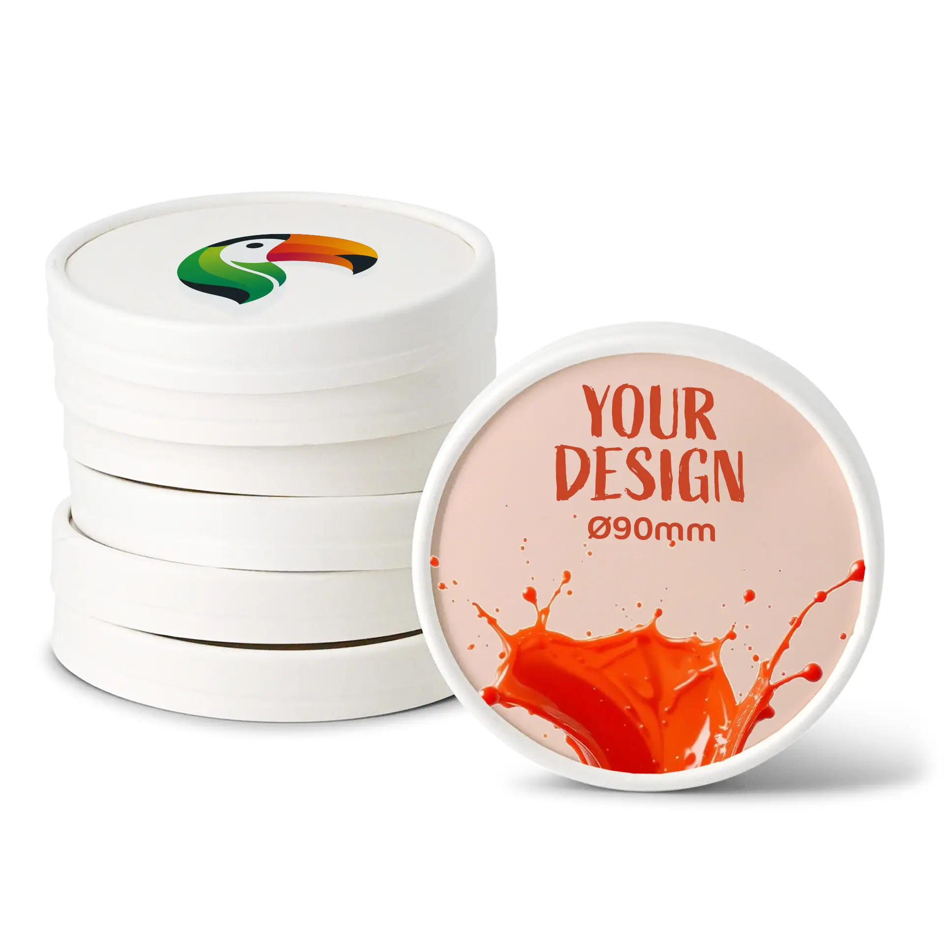 Bedruckte Kartonlids für Eisbecher, mit einem Tukansymbol und Designfläche, stapelbares Design in Weiß.
