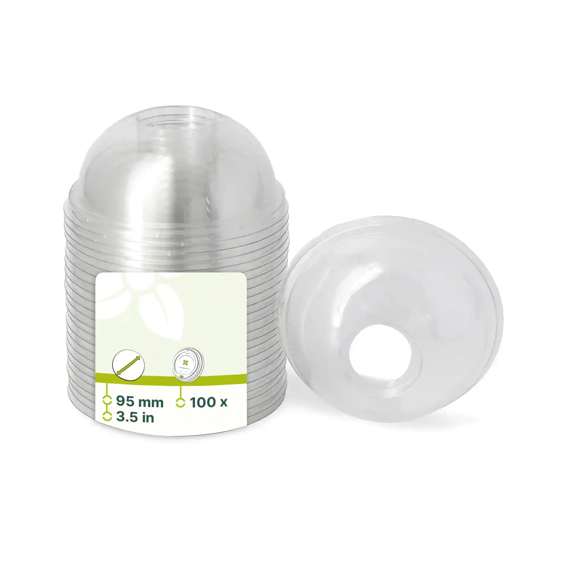 Transparent rPET dome lids with a straw hole, 95 mm diameter, stacked with one lid beside.