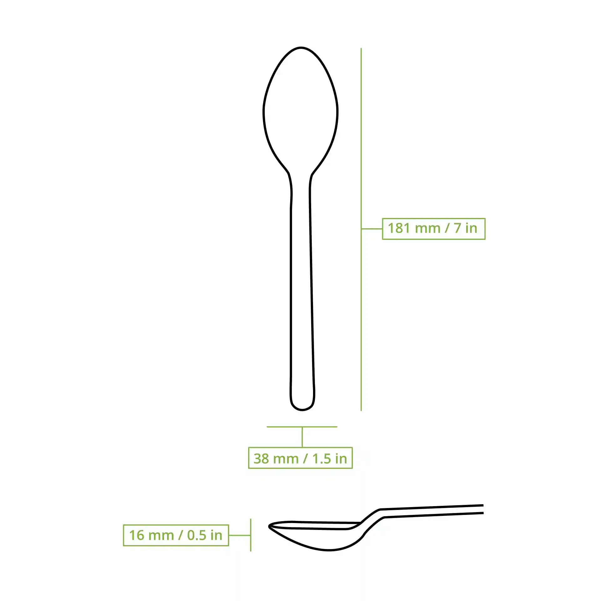 Schematic drawing of a reusable spoon with dimension lines showing 181 mm length and 38 mm width.
