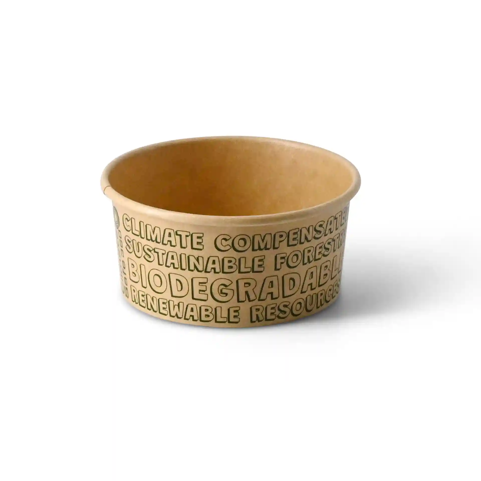Runder brauner Papiereisbecher mit bedrucktem Text außen, Durchmesser 92 mm und Höhe 42 mm.