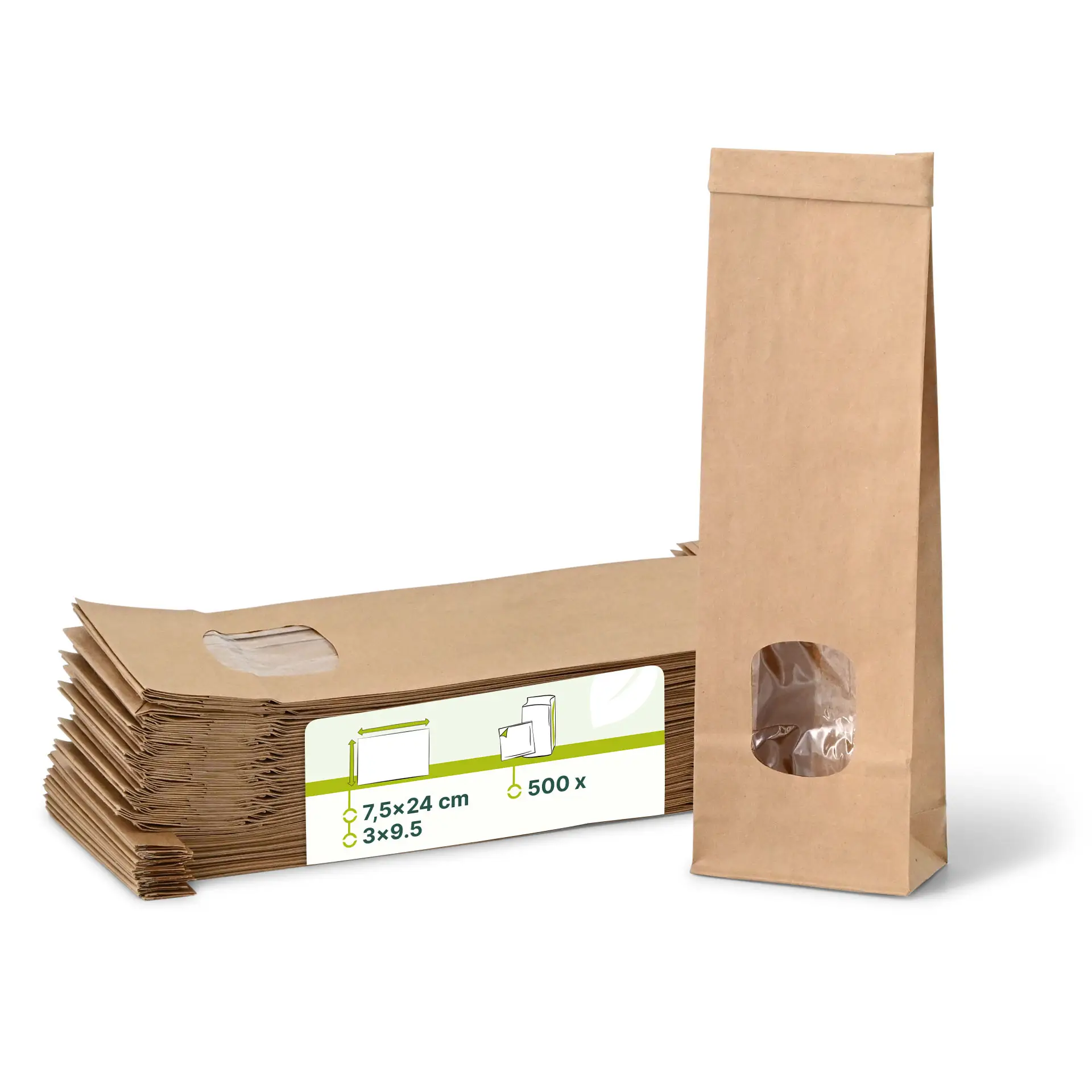 Blockbeutel m. Fenster XS, 7,5 x 4,5 x 24 cm, PP-Folie, braun, Clipband, Kraftpapier Blockbeutel m. Fenster XS, 7,5 x 4,5 x 24 cm, PP-Folie, braun, Clipband, Kraftpapier