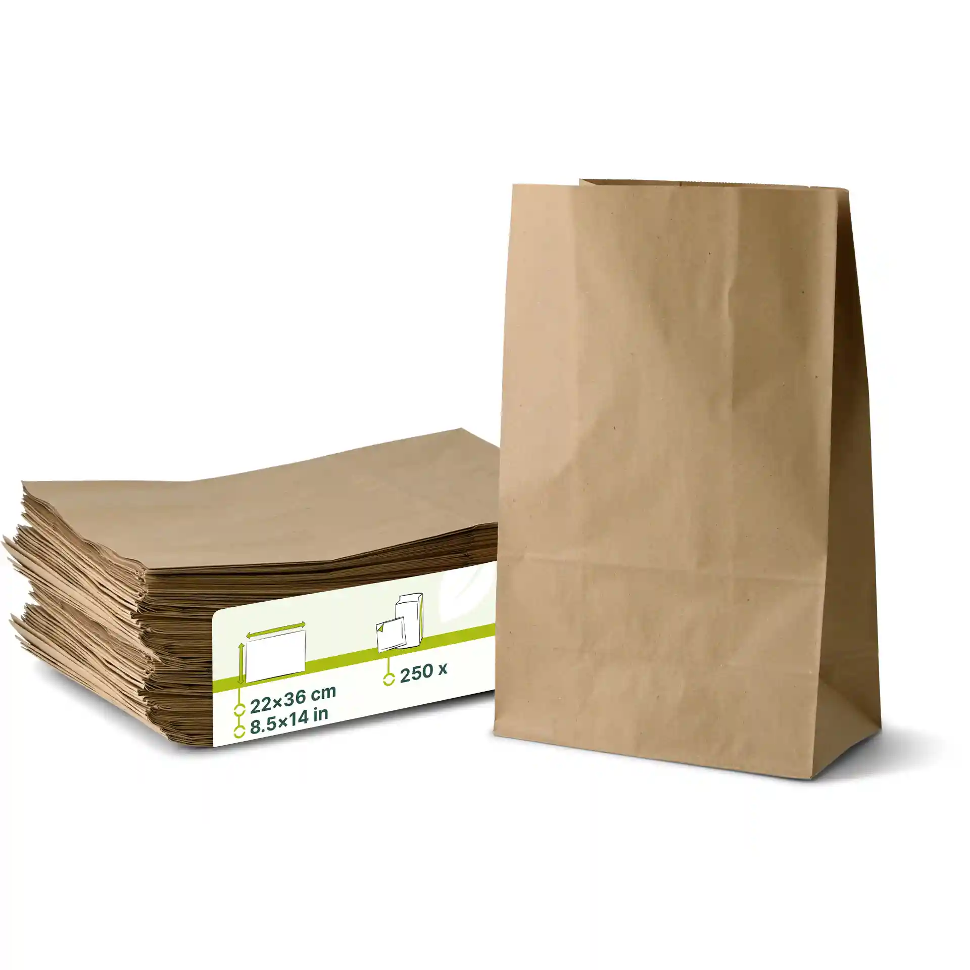 Braune Papiertaschen gestapelt neben einer aufrechten Tasche, Maße 22 x 12 x 36 cm.