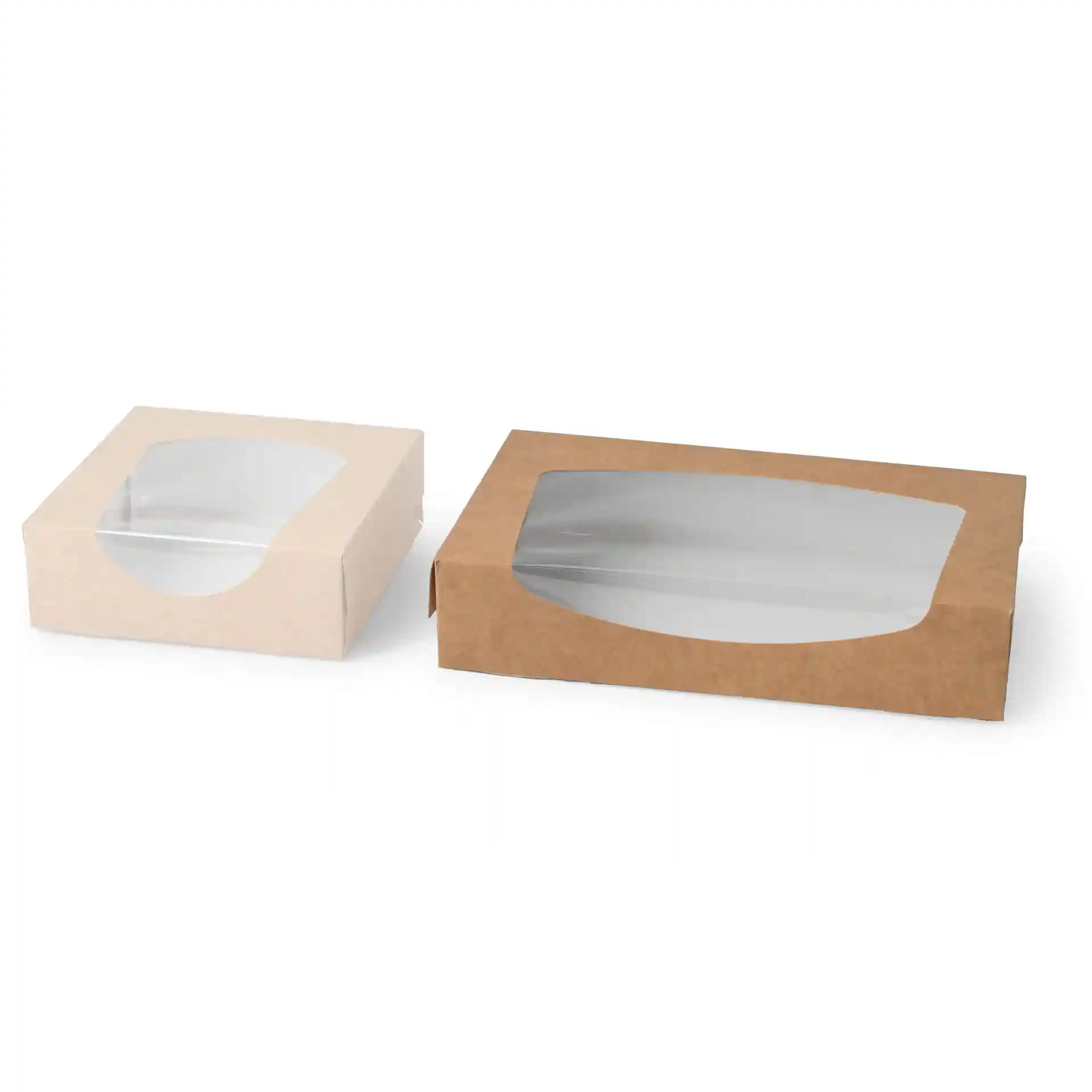 Zwei rechteckige Kartonfensterboxen, eine braune und eine weiße, mit klaren Sichtfenstern.