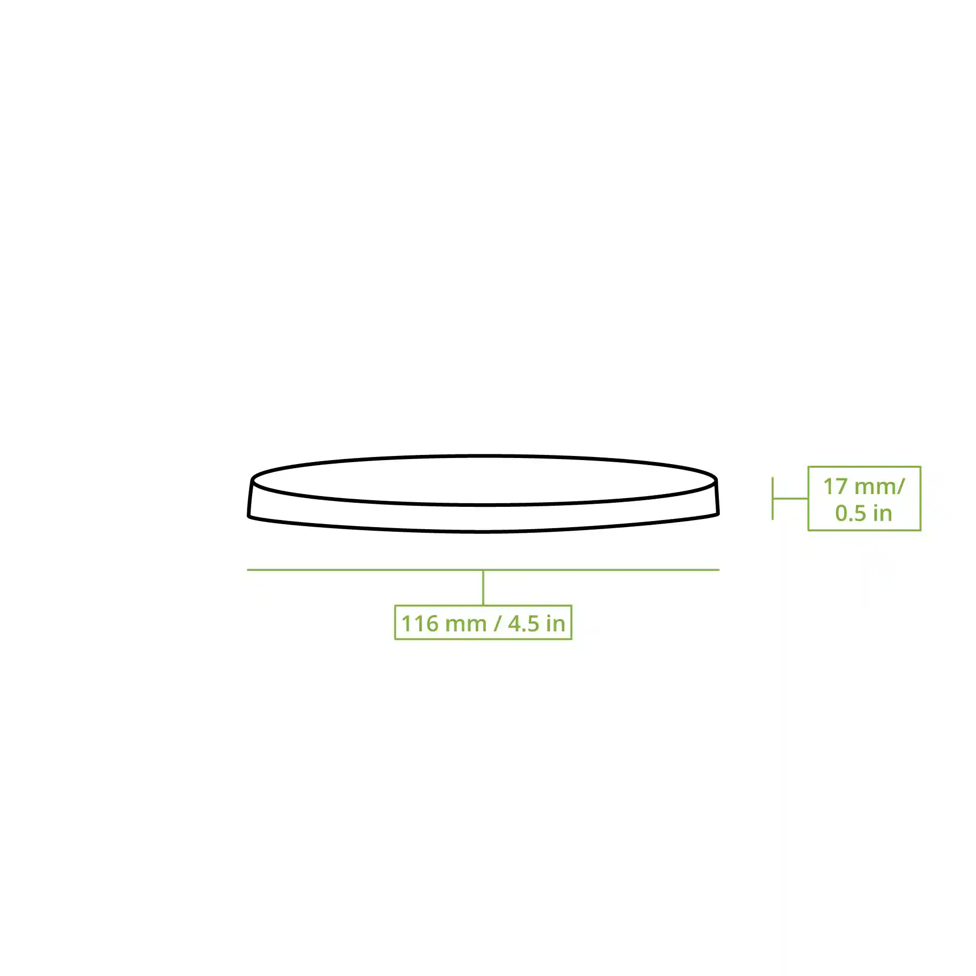 Schematic drawing of a round cardboard lid with dimensions 116 mm diameter and 17 mm height.