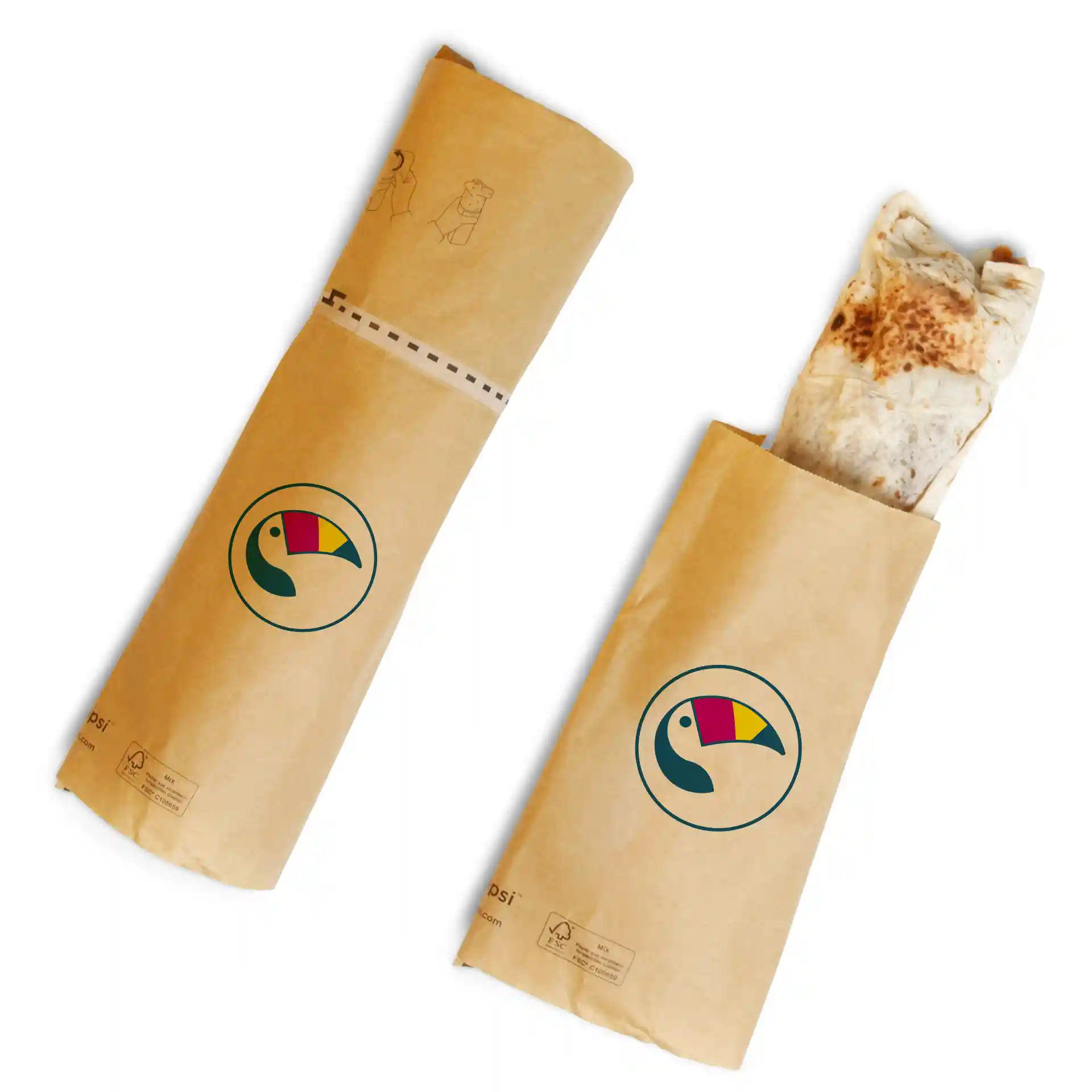 Braune Papierverpackung mit einem Tukansymbol, hält einen Burrito, Maße 42 x 26 x 12 cm.