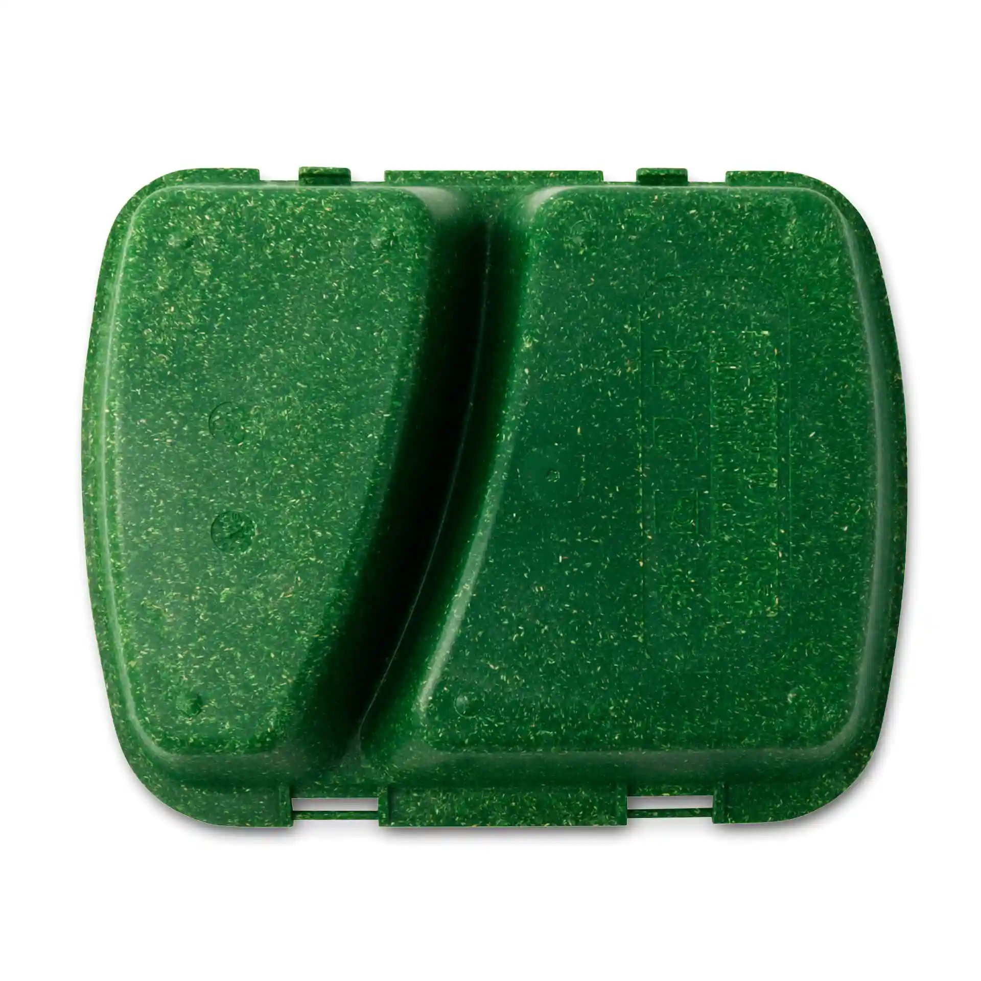 Green reusable meal container with two compartments, measuring 24.5 x 20 x 4.5 cm.