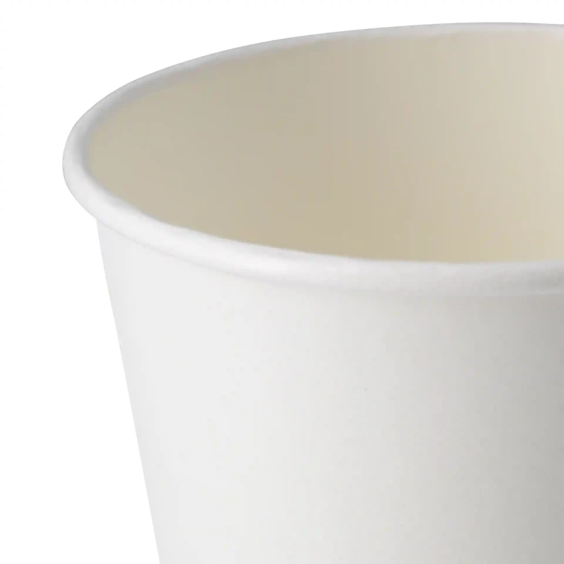 Close-up of a white paper soup container with a round shape and visible inner coating.